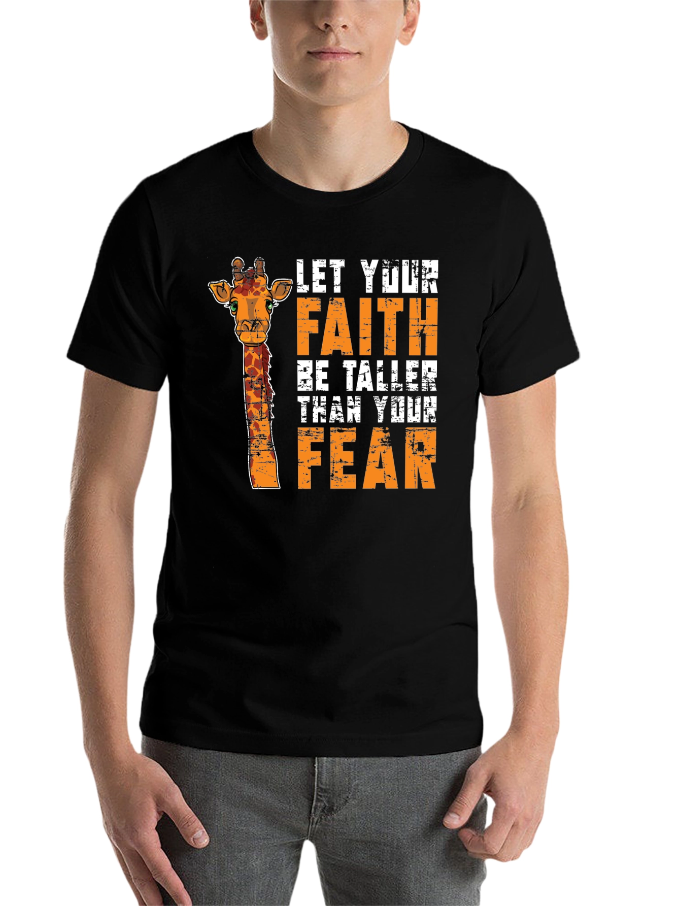 Black Faith Over Fear Giraffe Graphic Tee - Unisex Black T-Shirt view 7