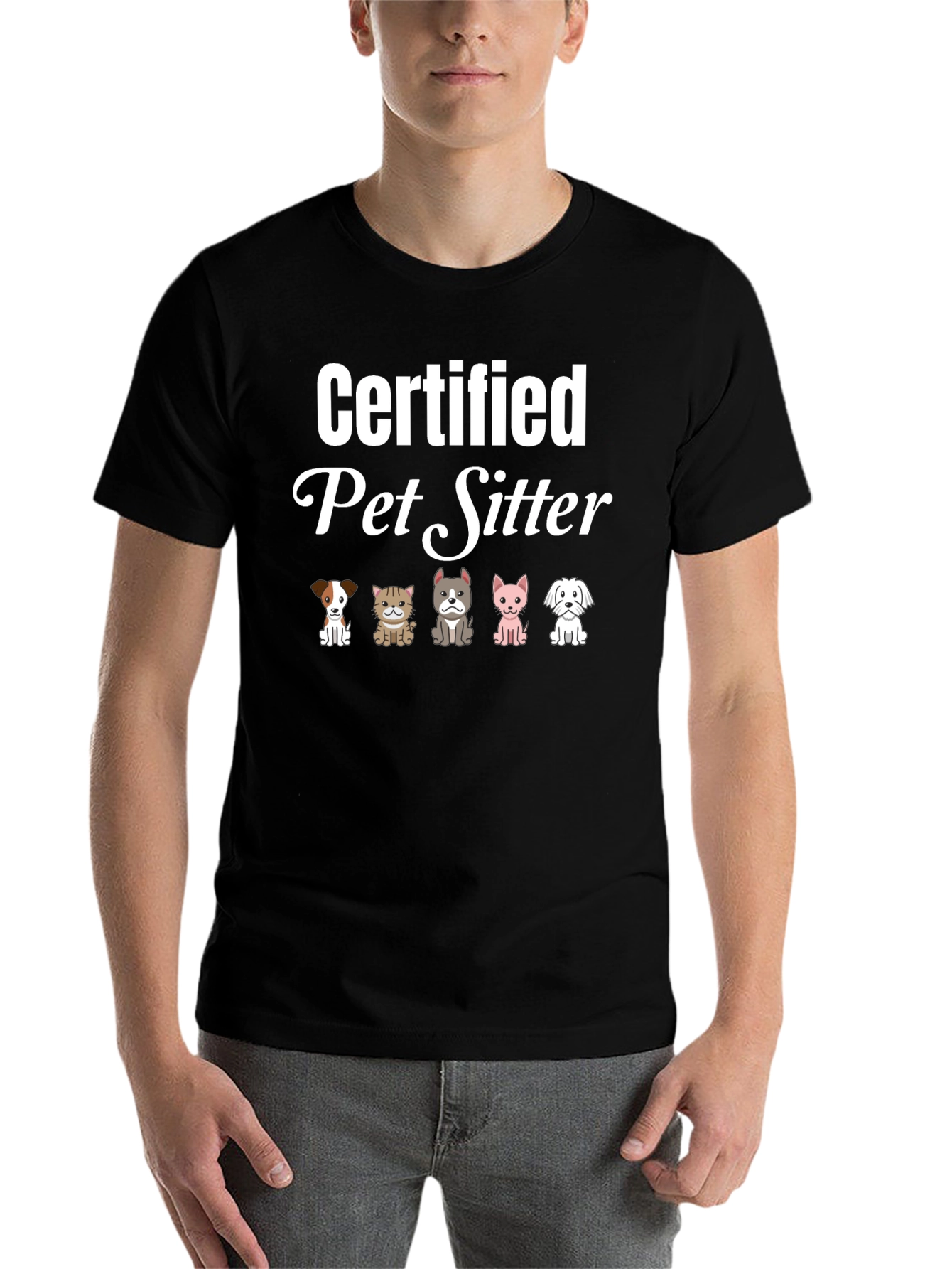 Black Certified Pet Sitter T-Shirt Cute Dogs & Cats view 7