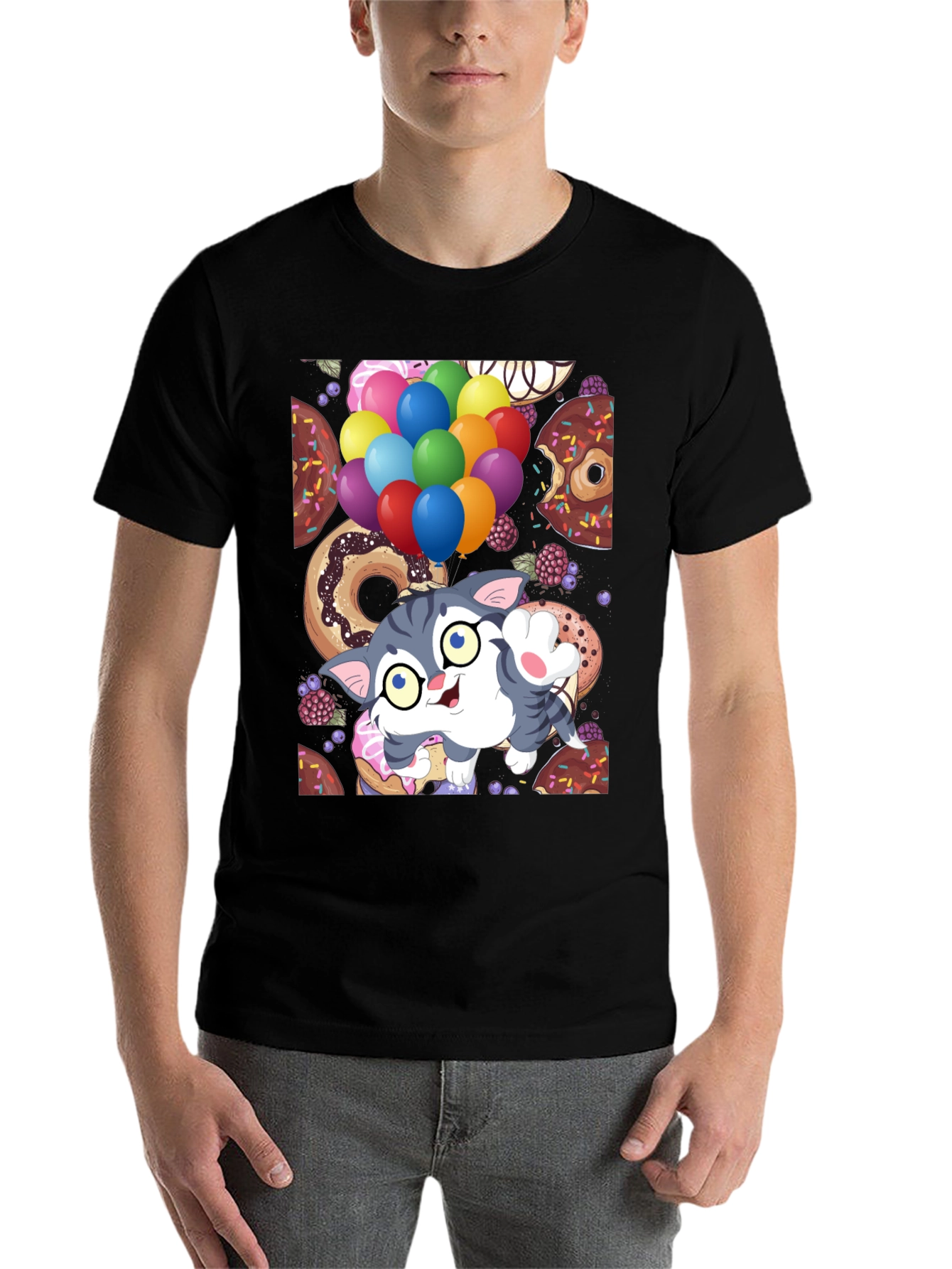 Black Cute Cartoon Cat with Balloons and Donuts T-Shirt view 7