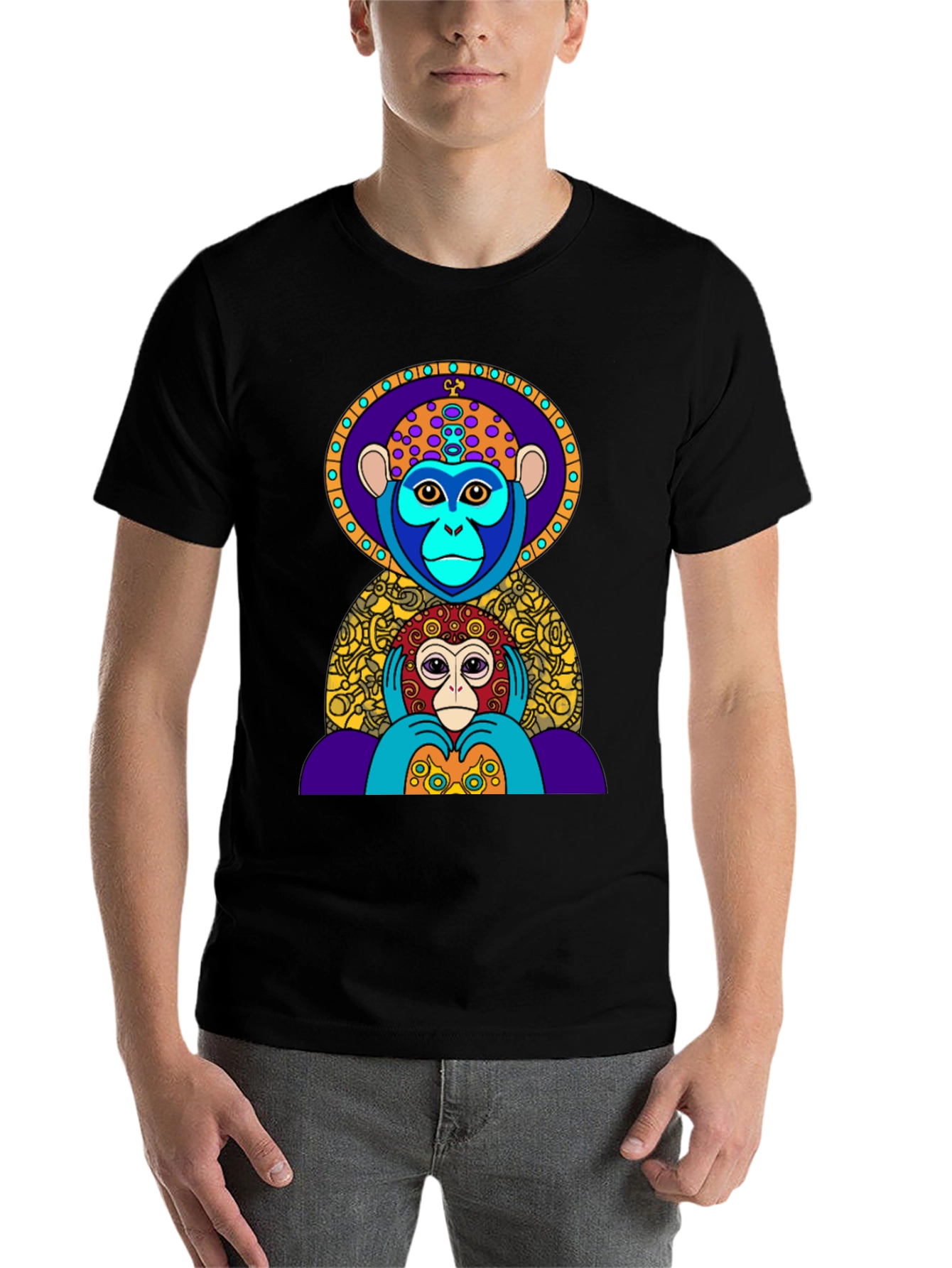 Black Colorful Monkey Graphic Tee - Artistic Design view 7