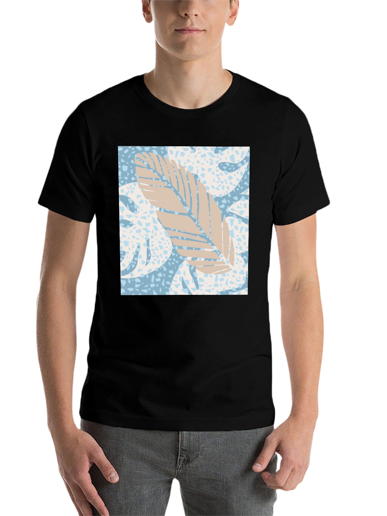 Tropical Leaf Print Black Tee - 7