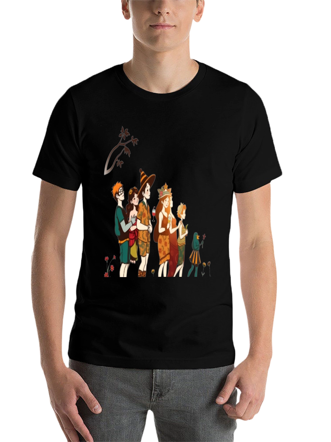 Black Whimsical Autumn Crew T-Shirt - Stylish Unisex Top view 7