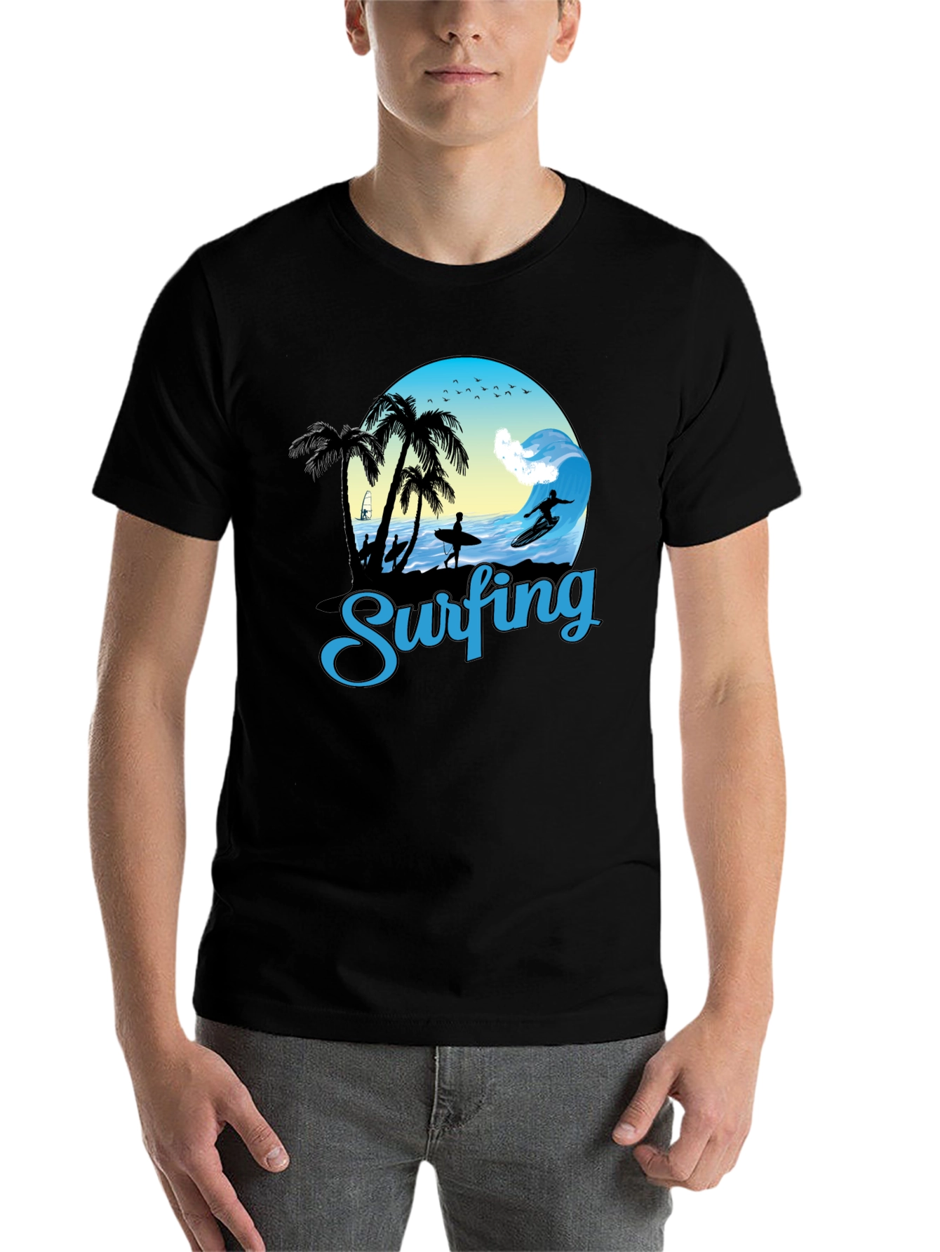 Black Surfing Graphic T-Shirt - Black Cotton Tee view 7