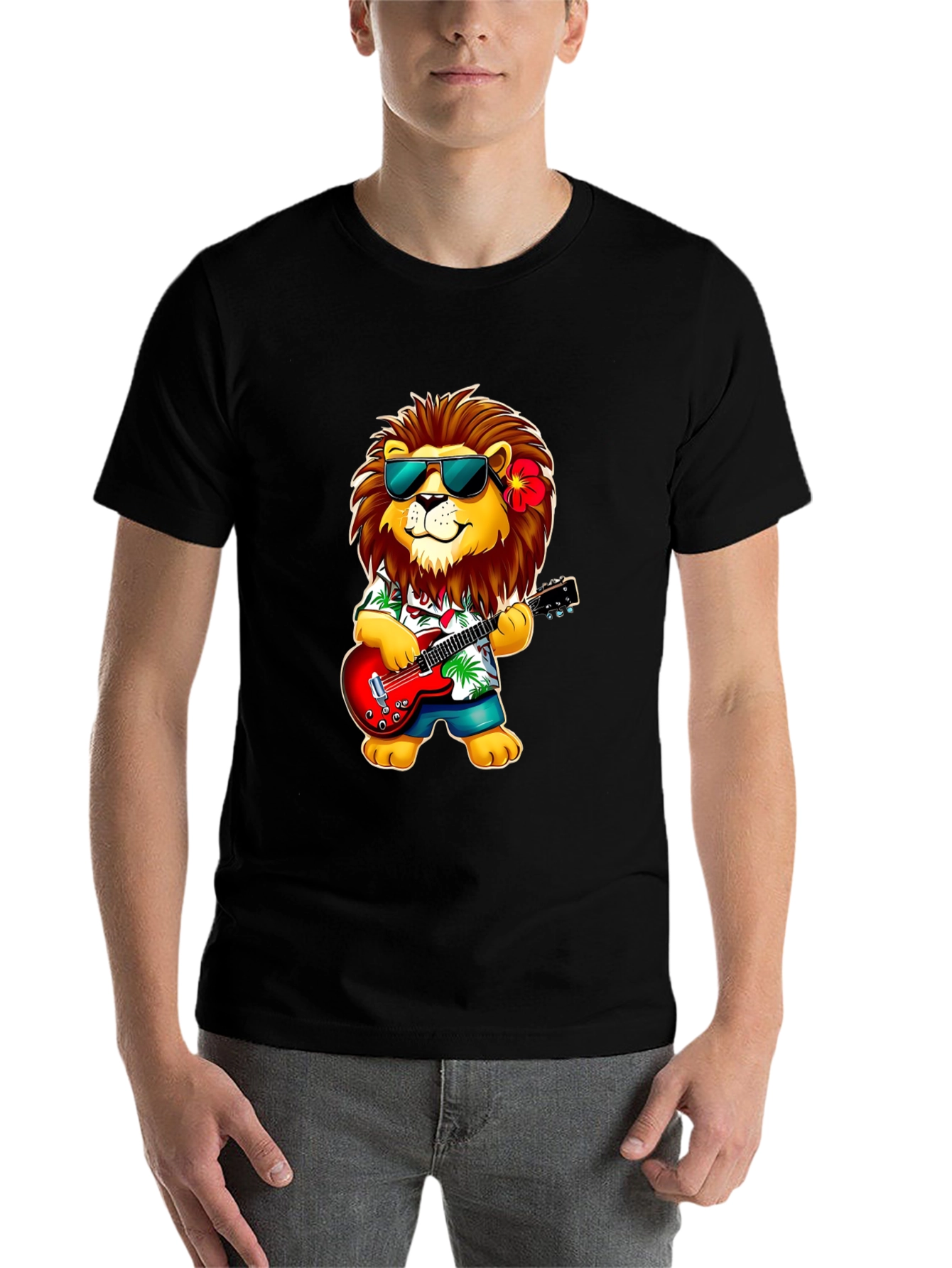 Black Lion Guitarist Graphic Tee - Cool Novelty Shirt view 7