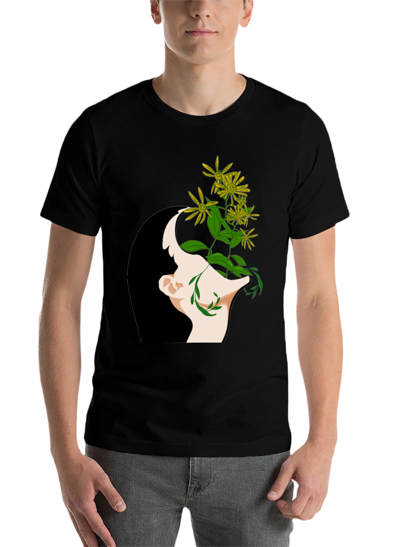 Black Floral Mind Black T-Shirt - Artistic Graphic Tee view 7