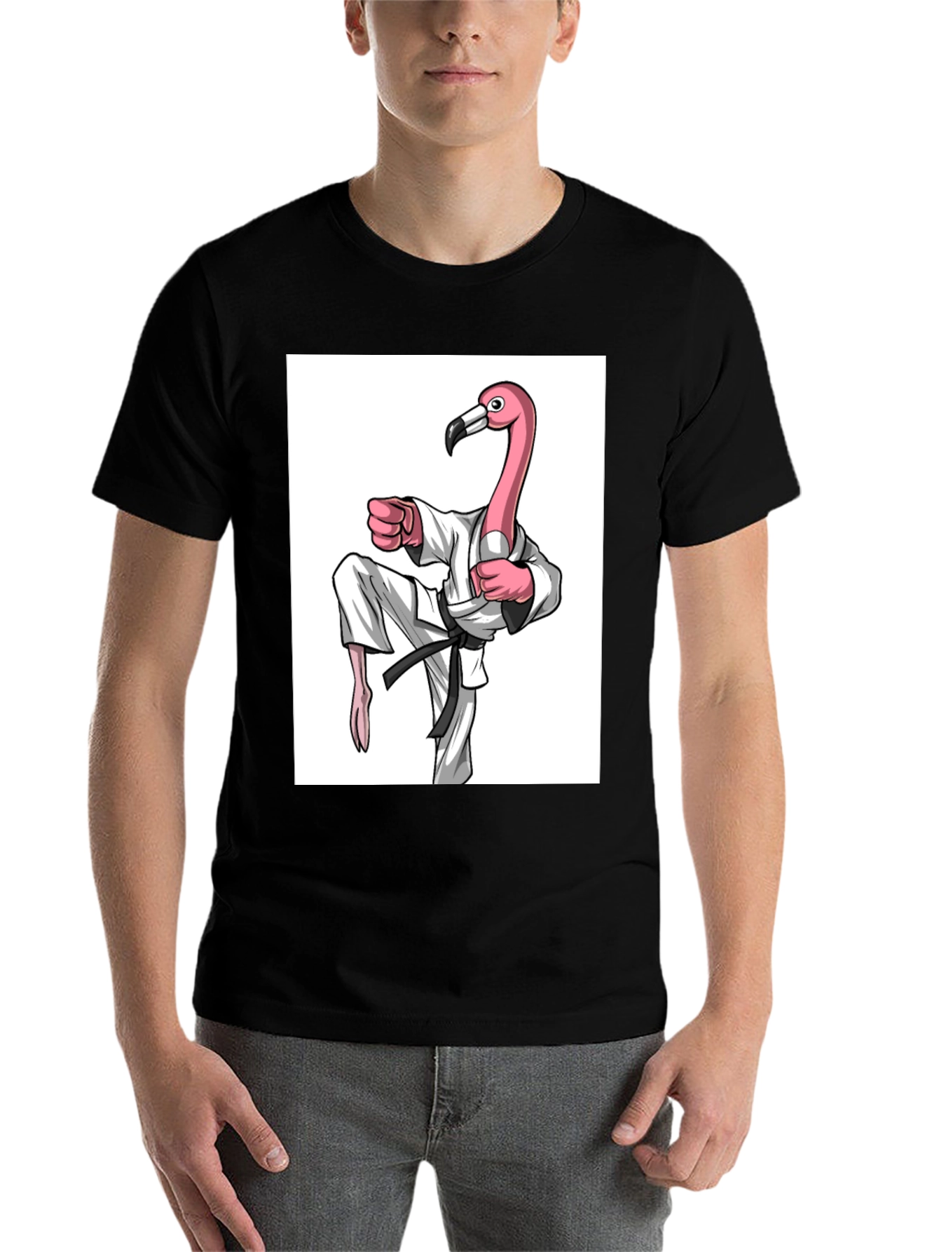 Black Karate Flamingo Black T-Shirt - Unique Graphic Tee view 7