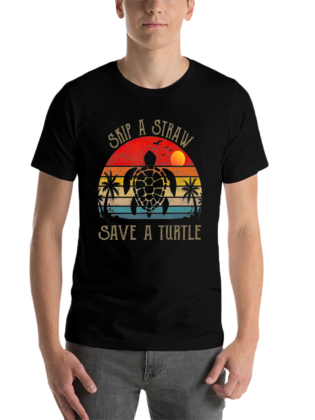 Black Skip a Straw Save a Turtle Graphic Tee view 7