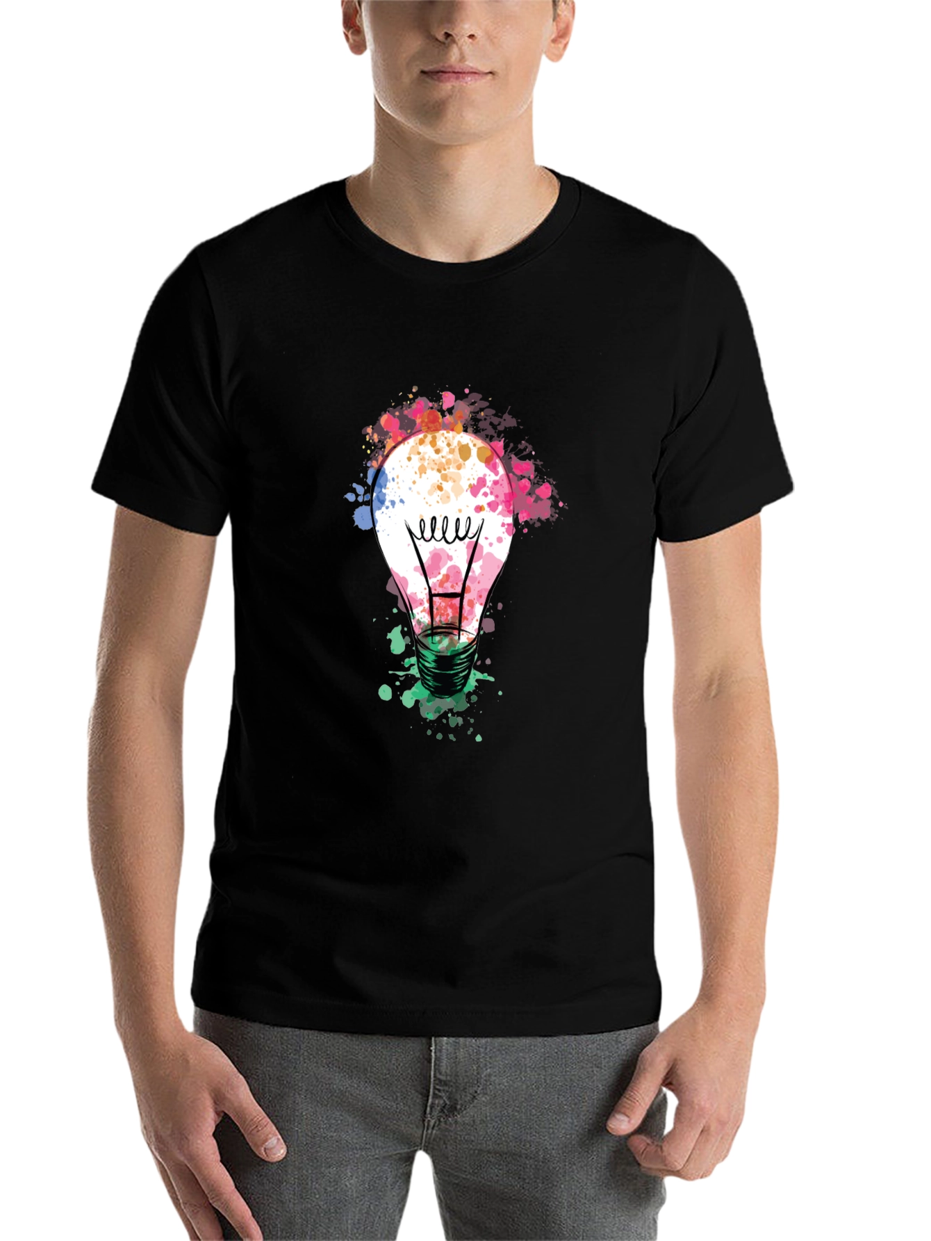 Black Colorful Light Bulb Graphic Tee - Modern Artistic Design view 7