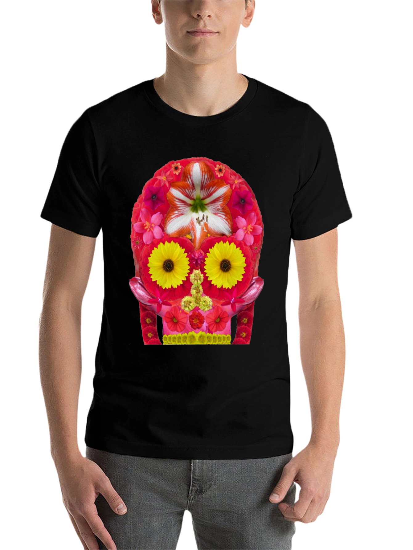 Black Floral Skull Graphic Tee - Men's Black T-Shirt view 7