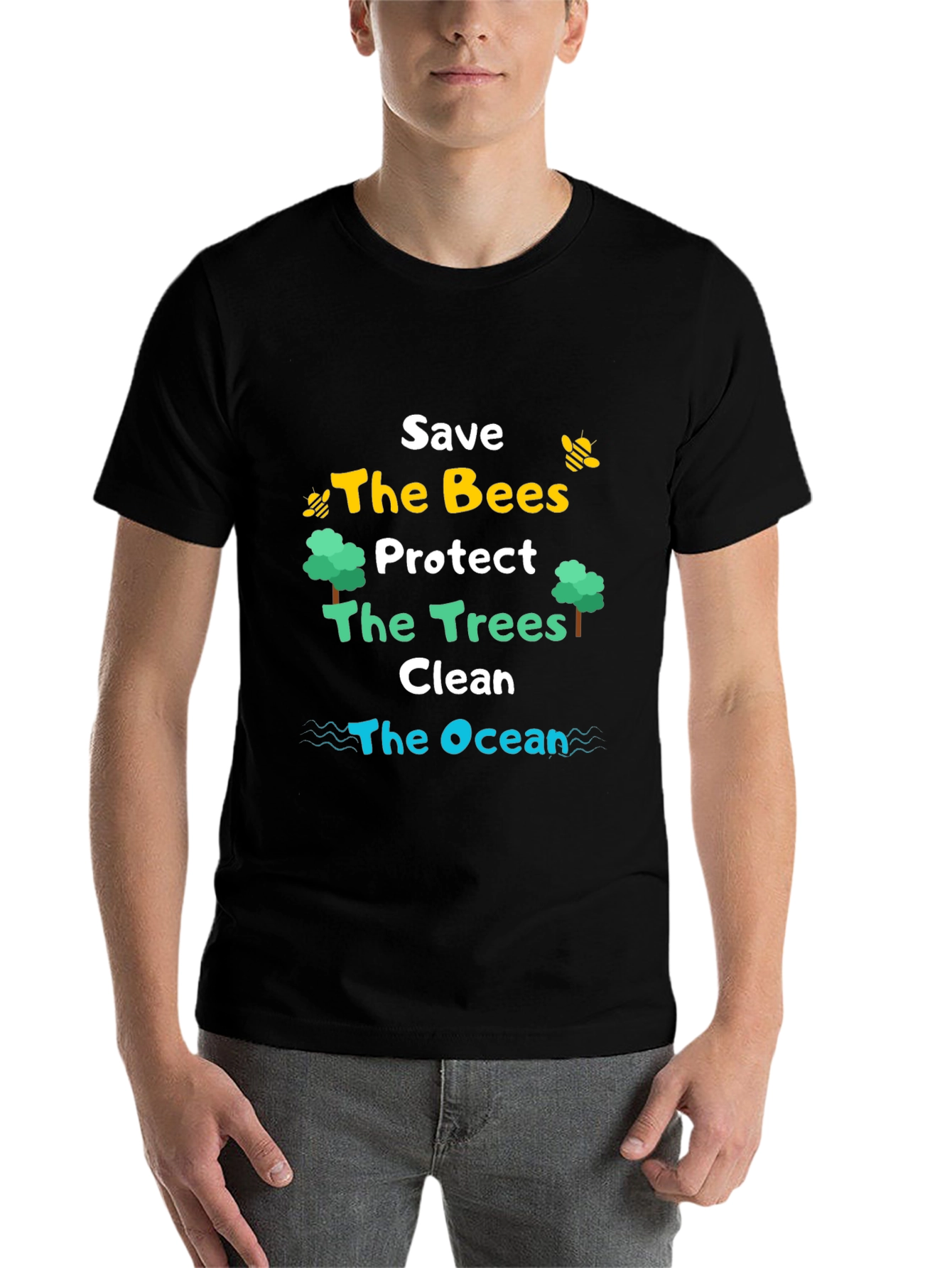 Black Save the Bees, Trees, Ocean T-Shirt view 7