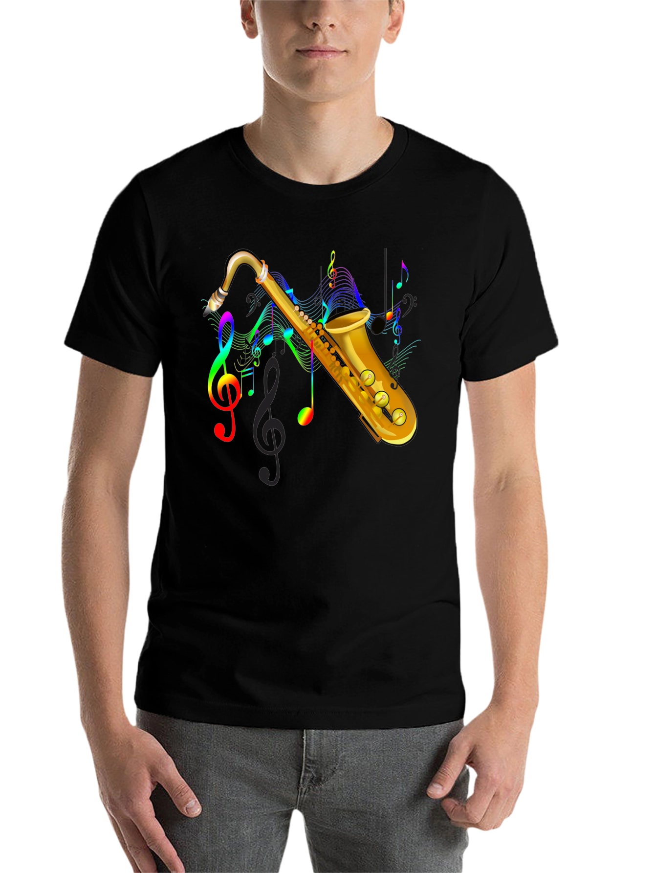Black Saxophone Music Note Graphic Tee - Black view 7