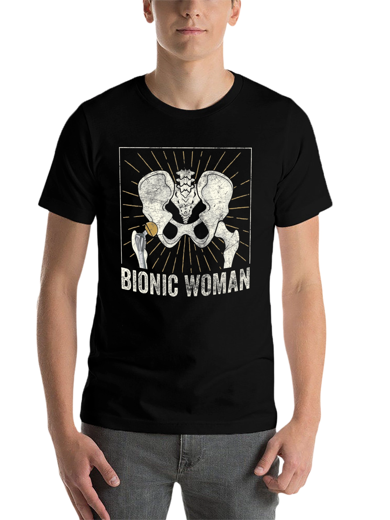 Black Bionic Woman Hip Replacement Graphic Tee view 7