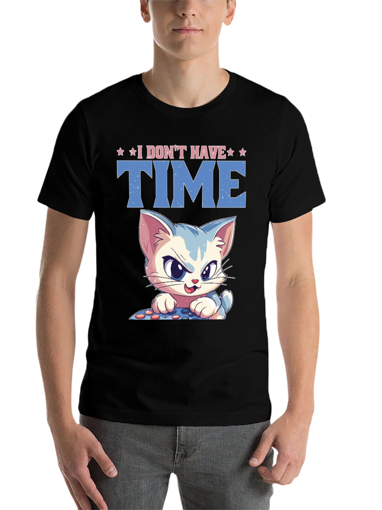 Black I Don't Have Time Cat Gamer Black T-Shirt view 7