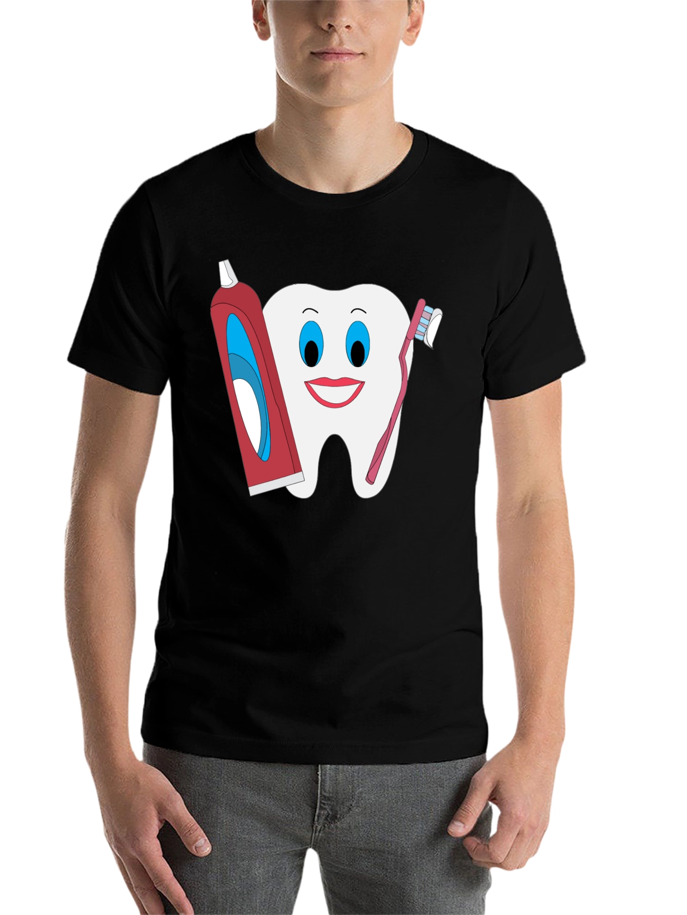 Black Funny Tooth T-Shirt: Dental Hygiene Cartoon Tee view 7