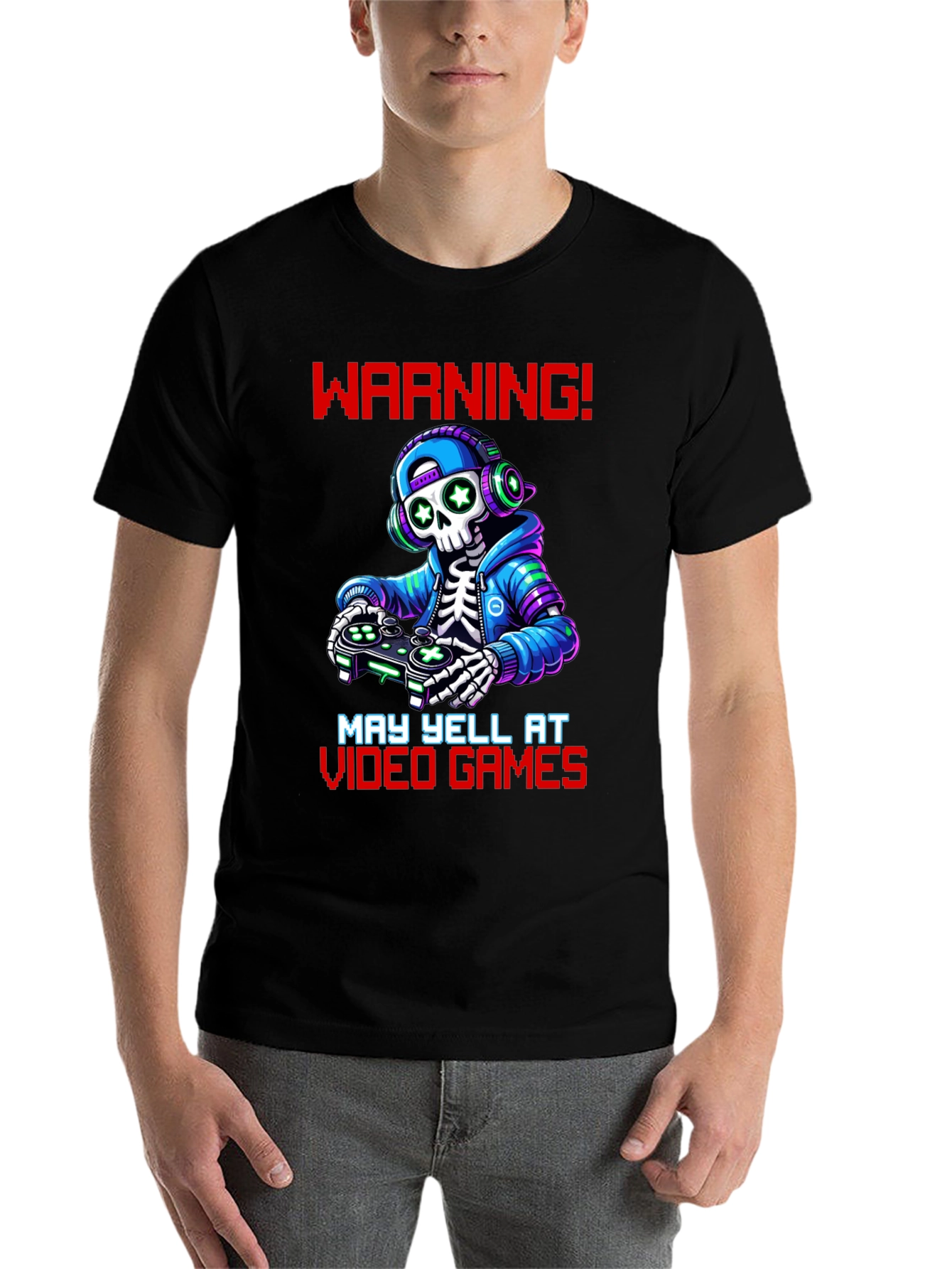 Black Gamer Skeleton T-Shirt - Warning May Yell! view 7