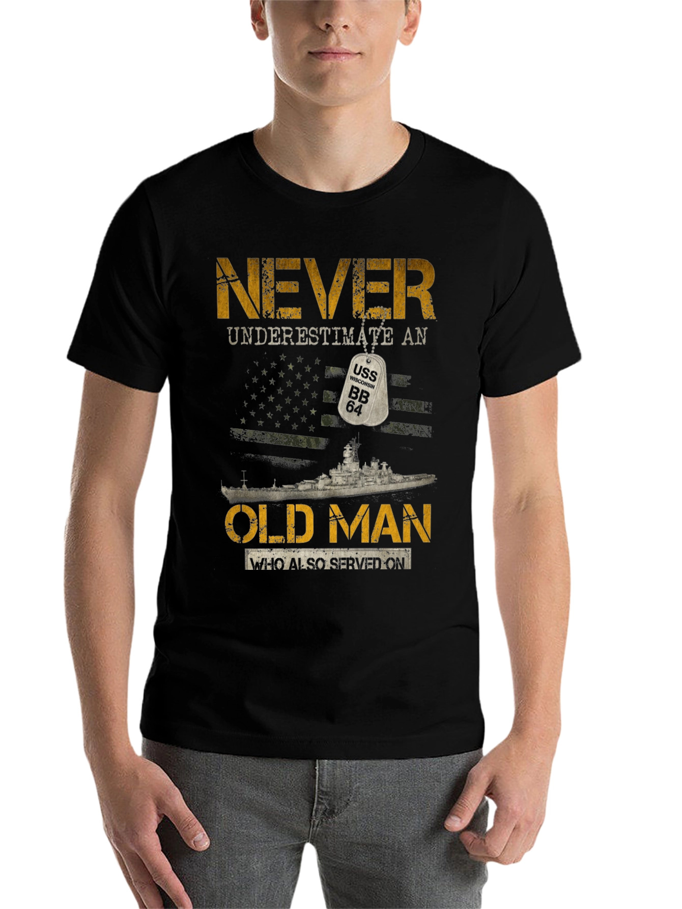 Black Never Underestimate an Old Man USS BB 64 T-Shirt view 7