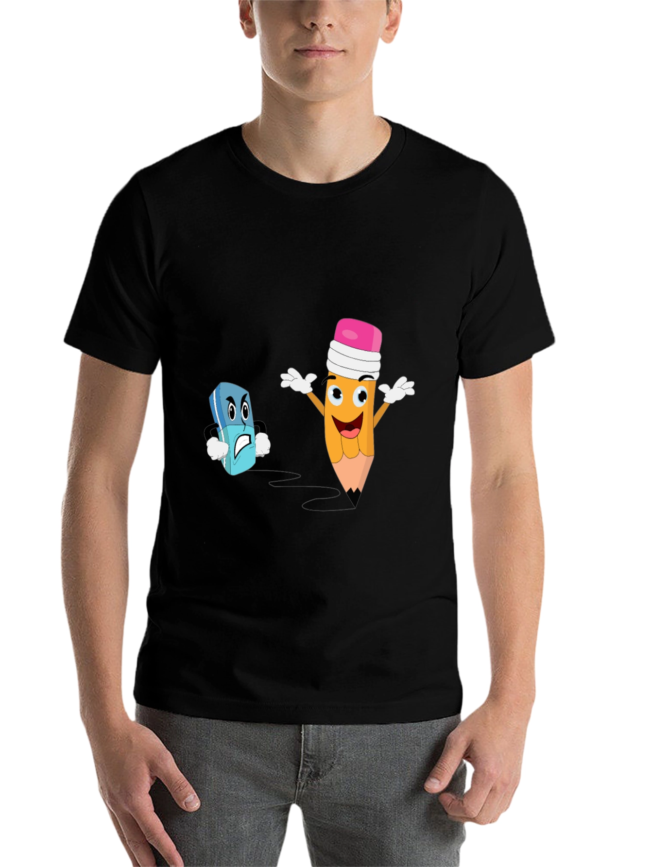 Black Funny Pencil vs Eraser Cartoon Black T-Shirt view 7