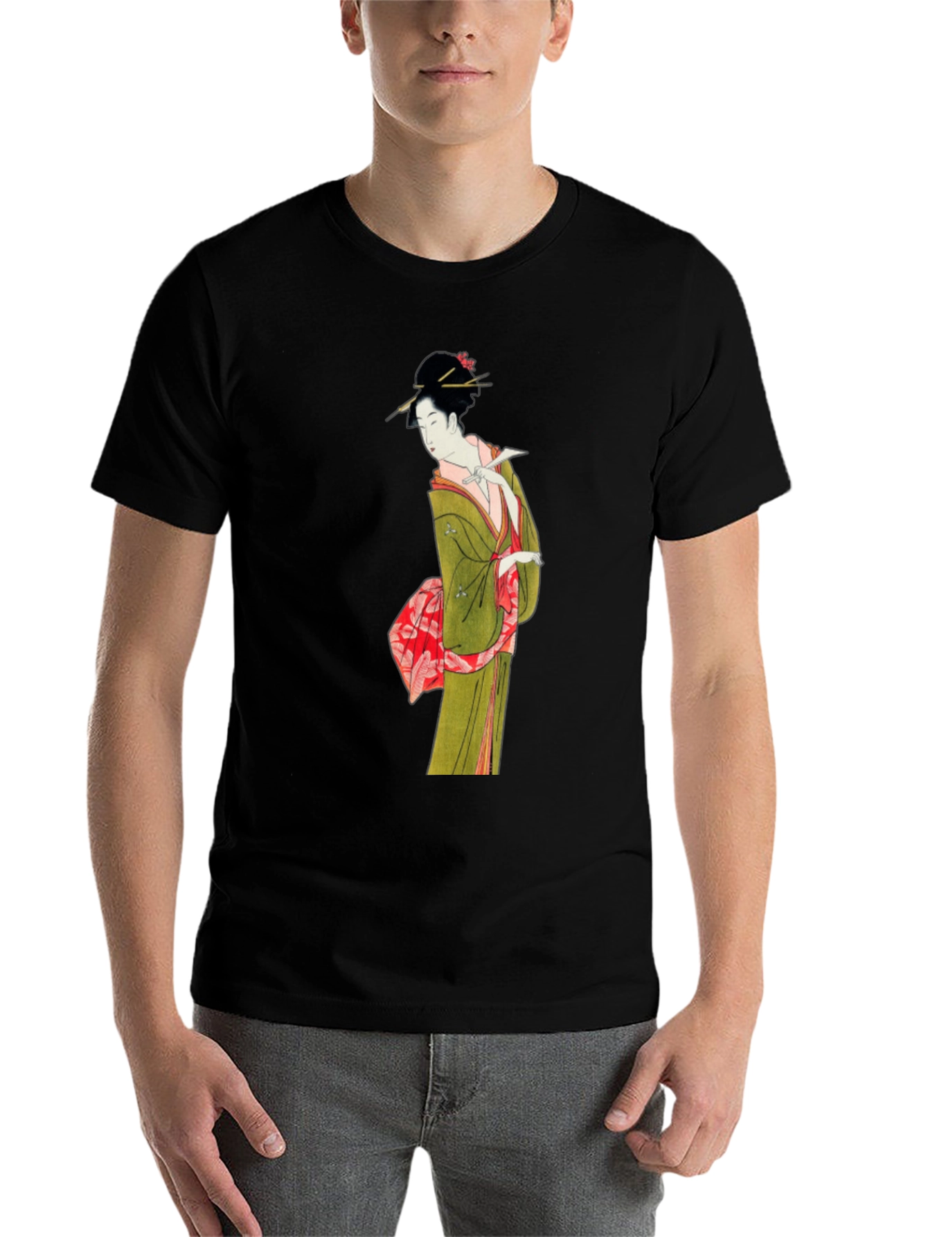 Black Japanese Geisha Art T-Shirt - Unique Ukiyo-e Design view 7