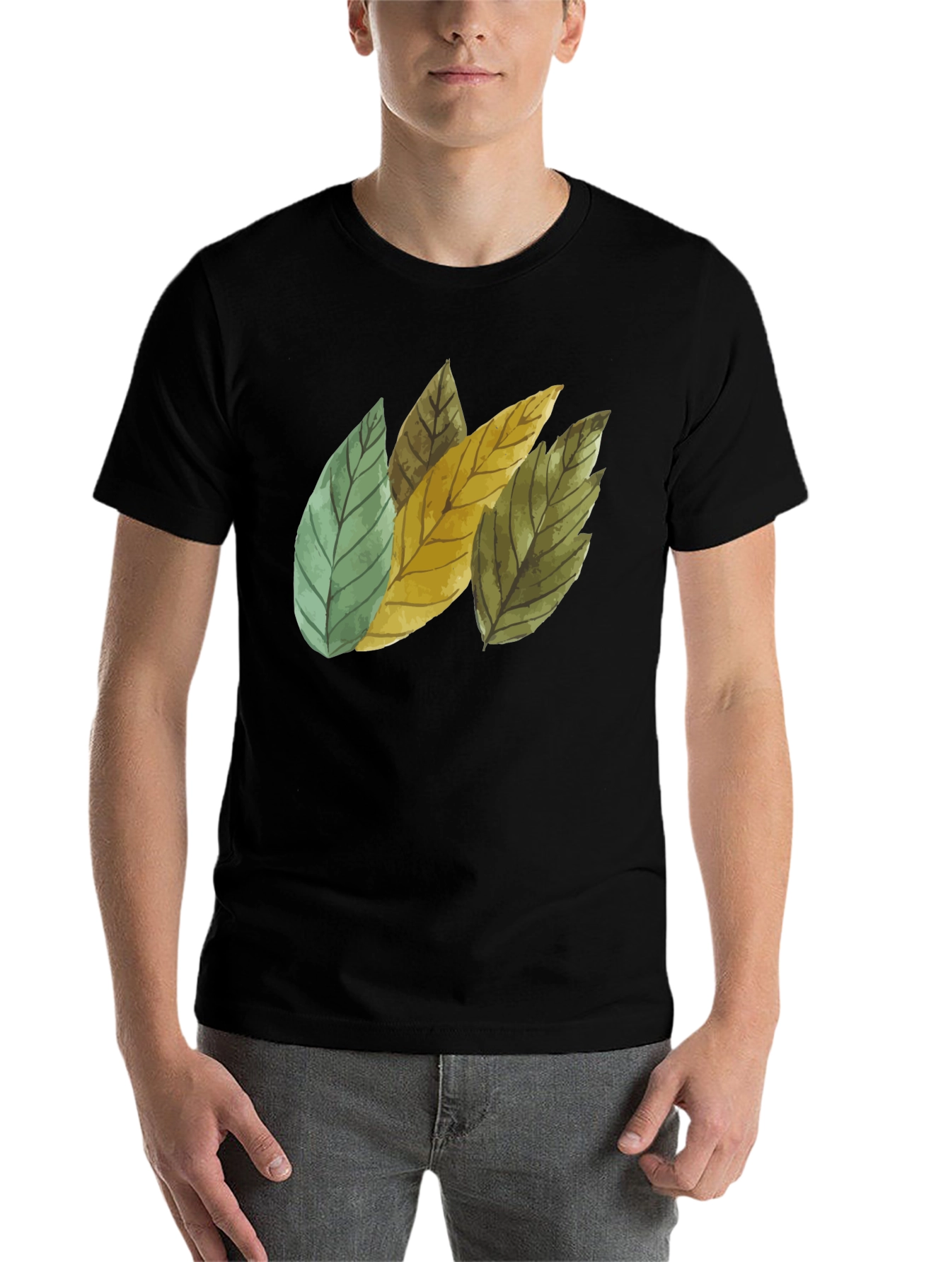 Black Leaf Design Black Cotton T-Shirt view 7