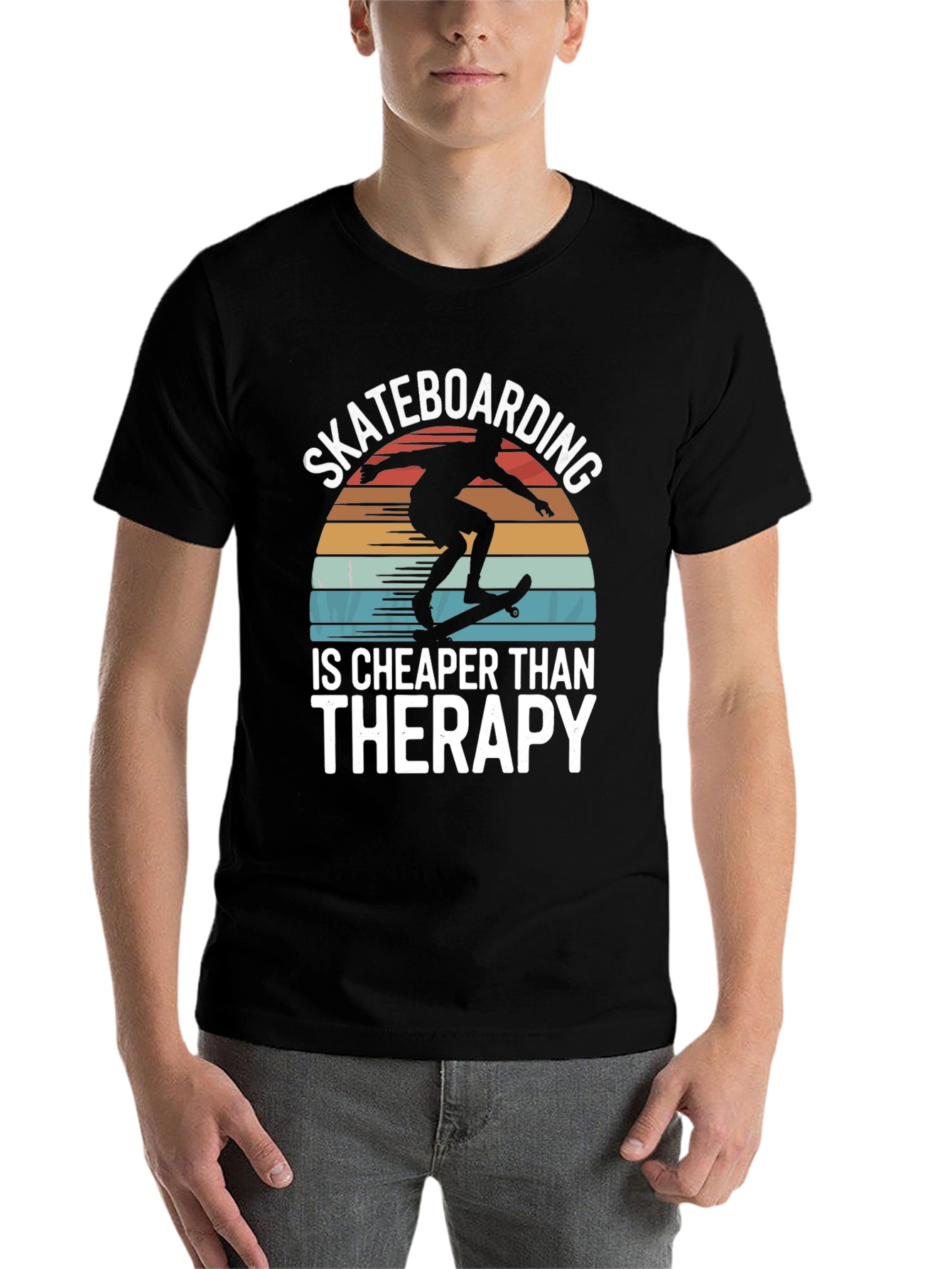 Black Skateboarding is Cheaper Than Therapy Graphic Tee view 7