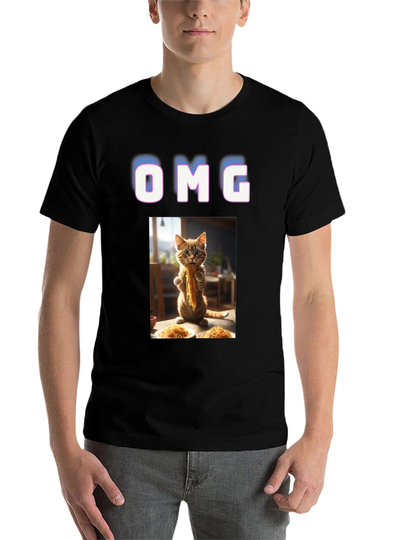 Black OMG Cat Eating Spaghetti Graphic T-Shirt view 7