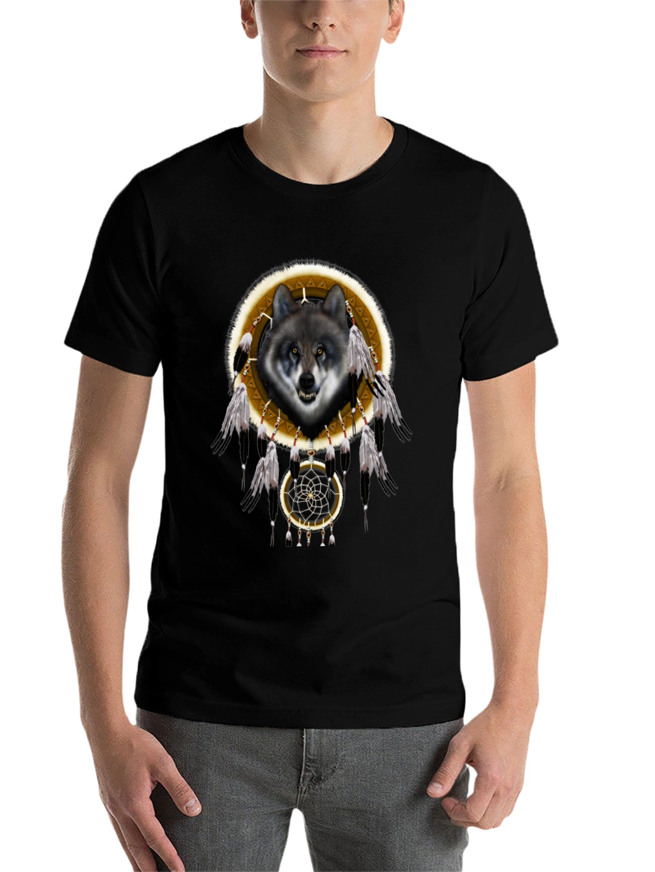Black Wolf Dreamcatcher Graphic T-Shirt - Native American Inspired view 7