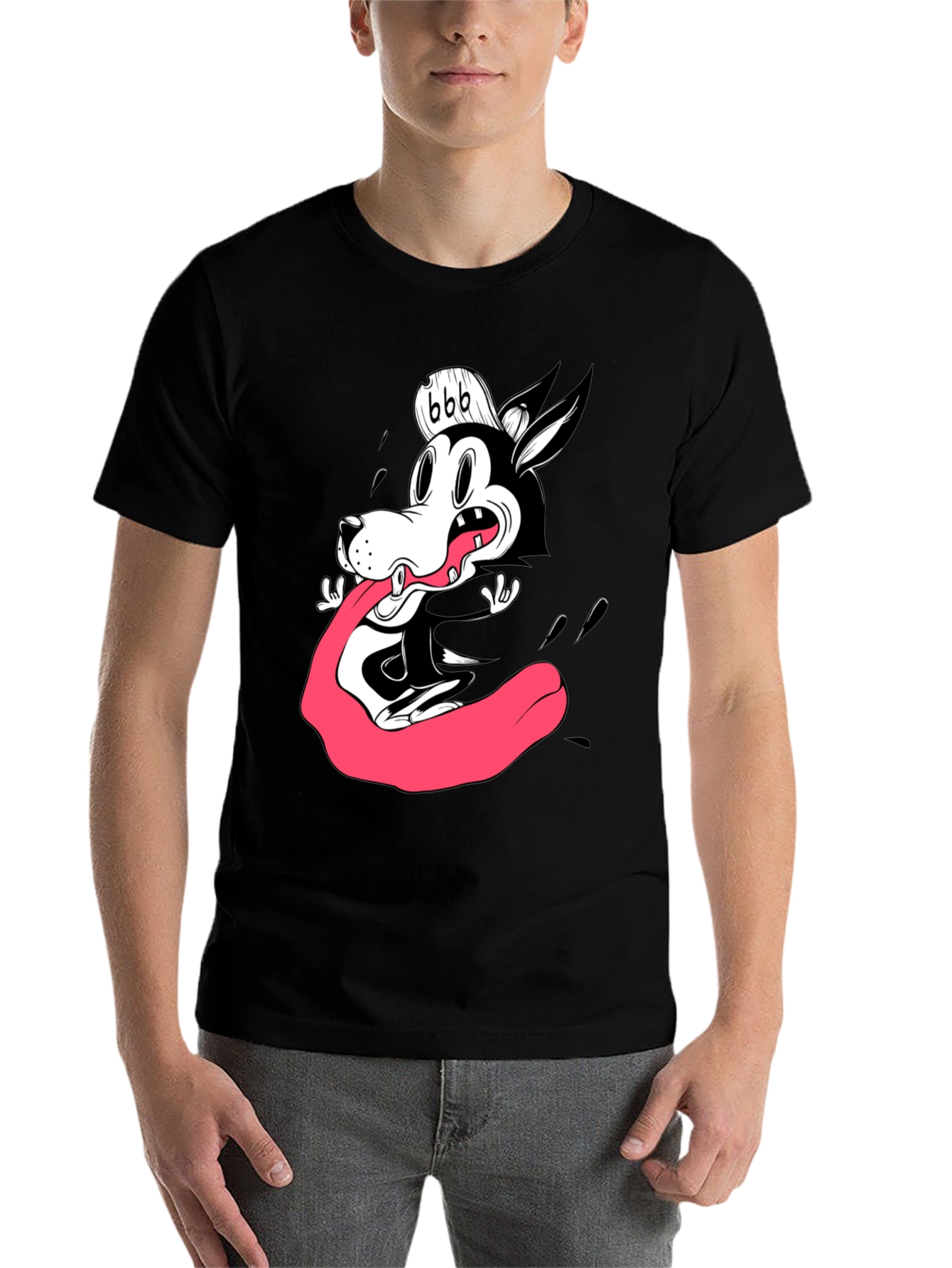 Black Cartoon Wolf Graphic Tee - Black Cotton T-Shirt view 7