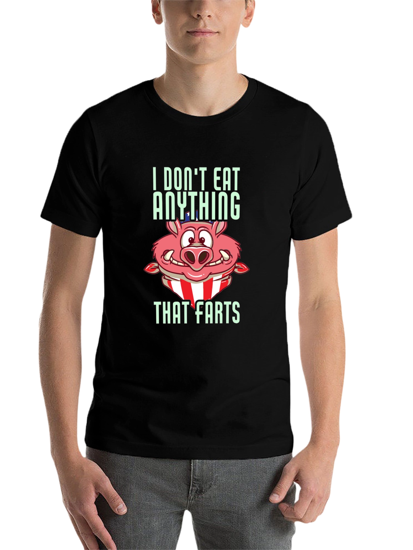 Black Funny Pig T-Shirt - I Don't Eat Anything That Farts view 7