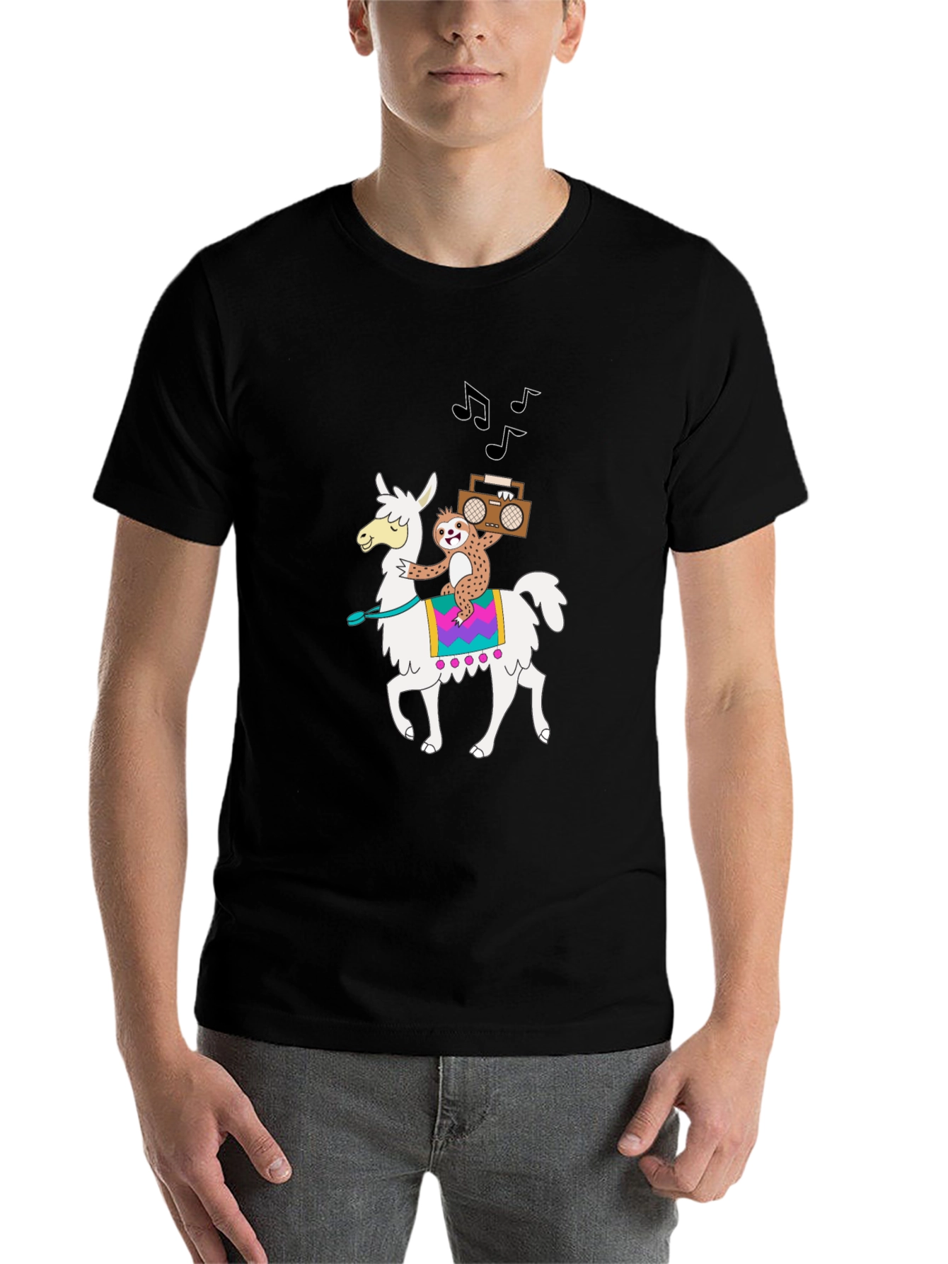 Black Llama & Sloth T-Shirt - Cute Cartoon Graphic Tee view 7