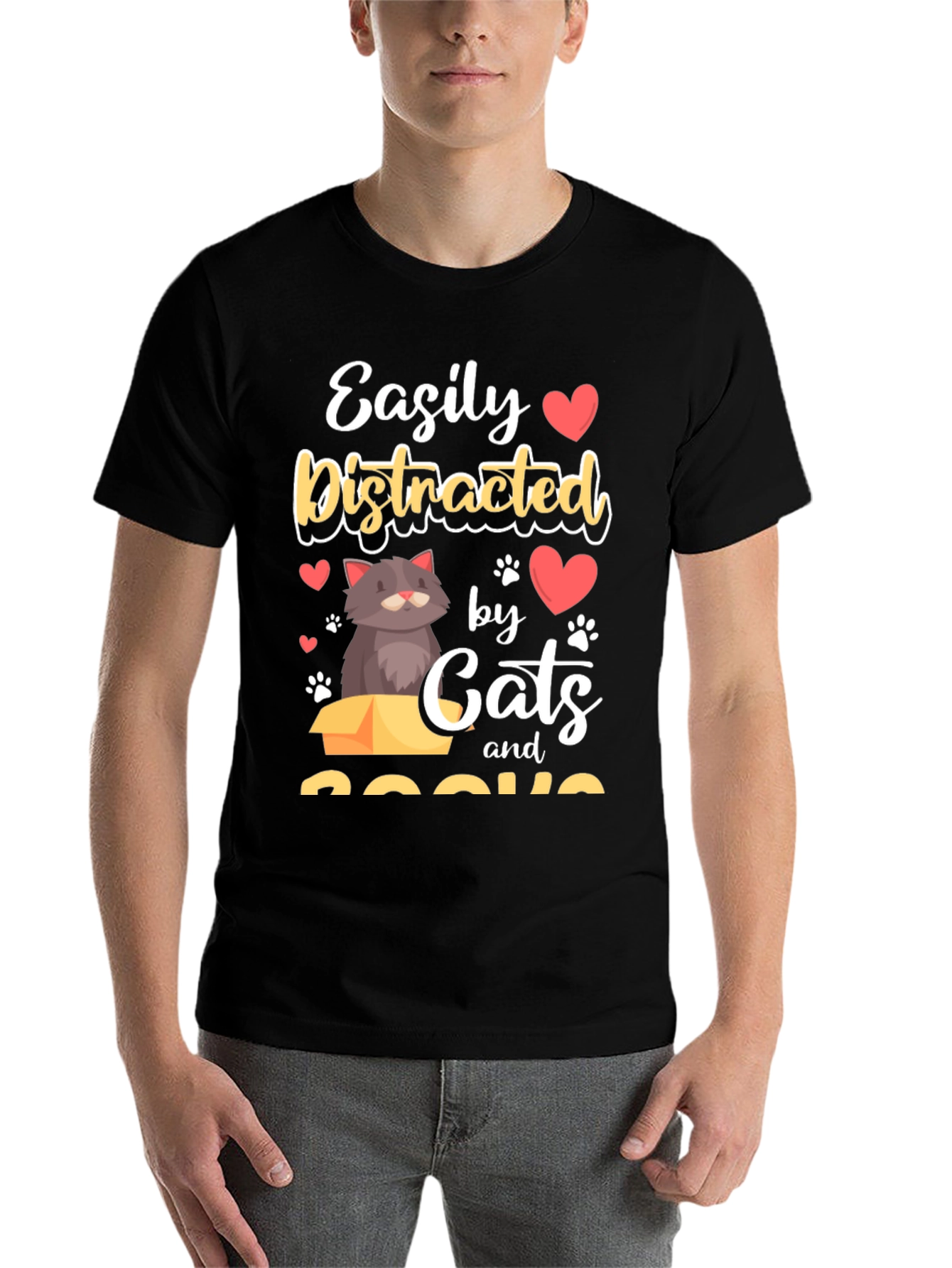 Black Easily Distracted by Cats and Books T-Shirt view 7