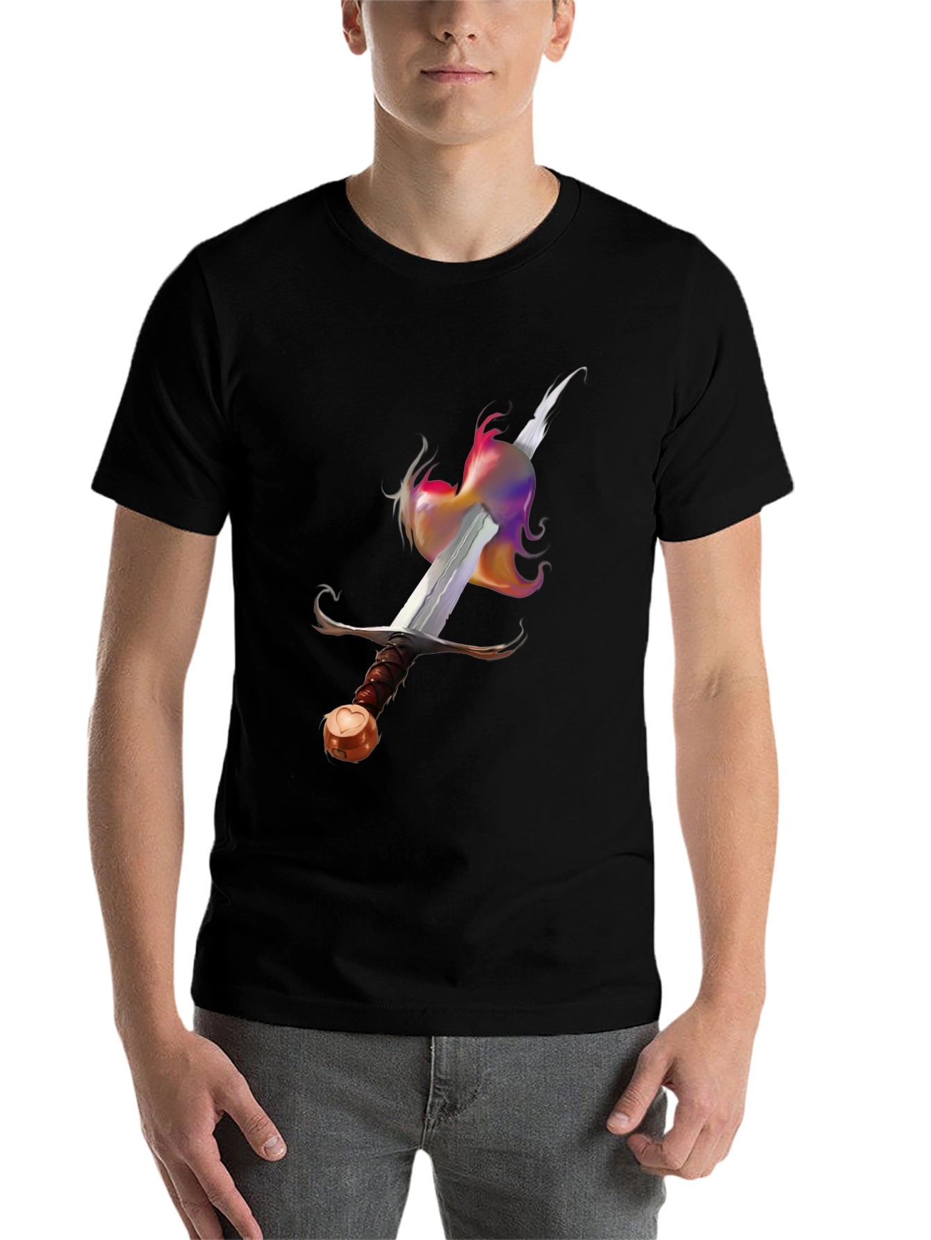 Black Sword & Rainbow Flame Graphic Tee - Unique Design! view 7
