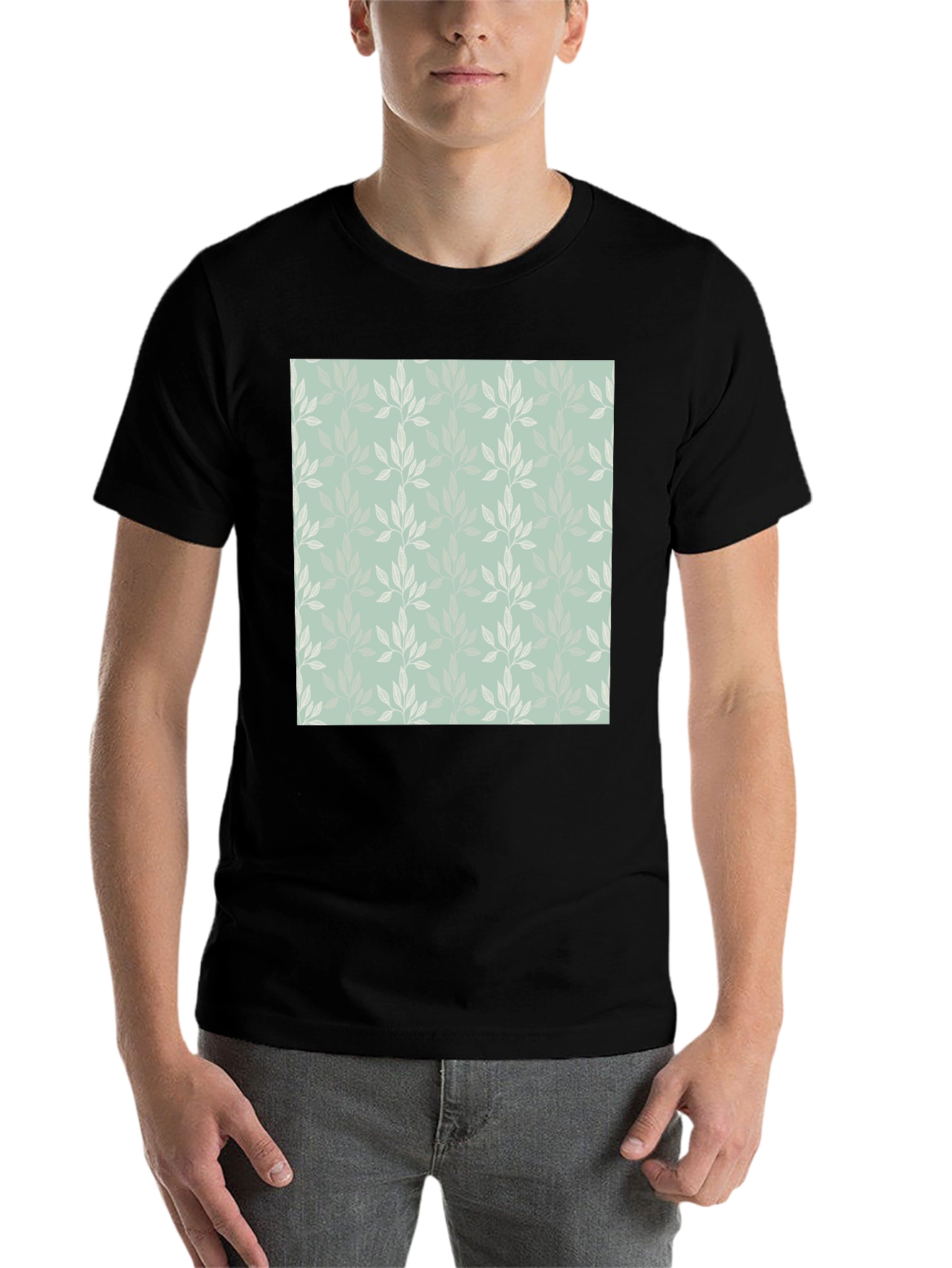 Black Leaf Pattern Graphic Black T-Shirt view 7