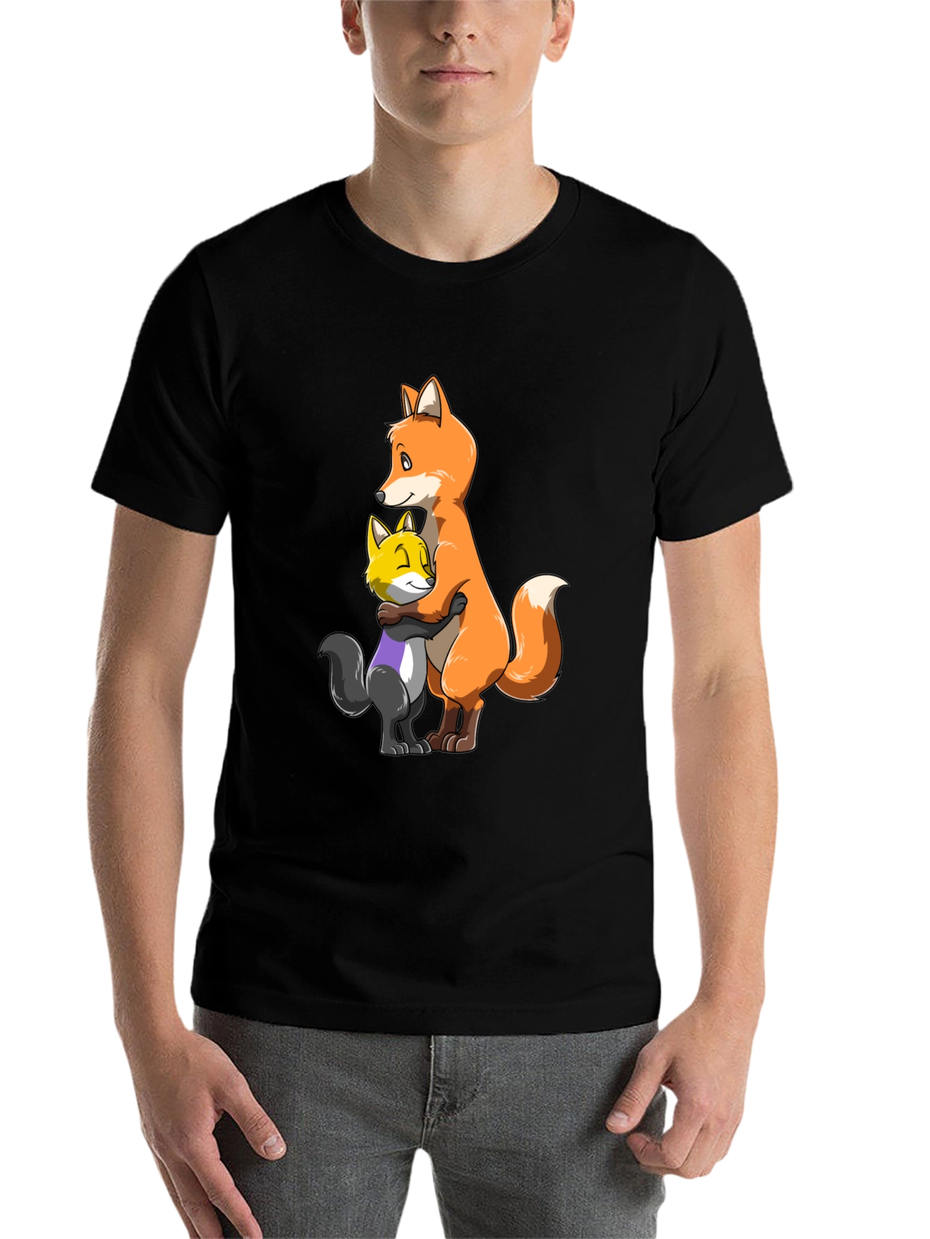 Black Fox Hug T-Shirt - Cute Cartoon Animal Graphic Tee view 7
