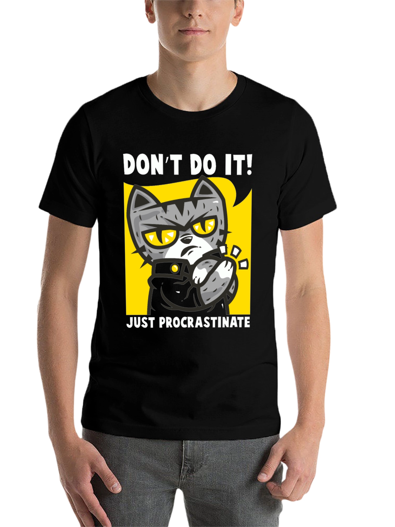 Black Funny Procrastinate Cat Graphic Black T-Shirt view 7