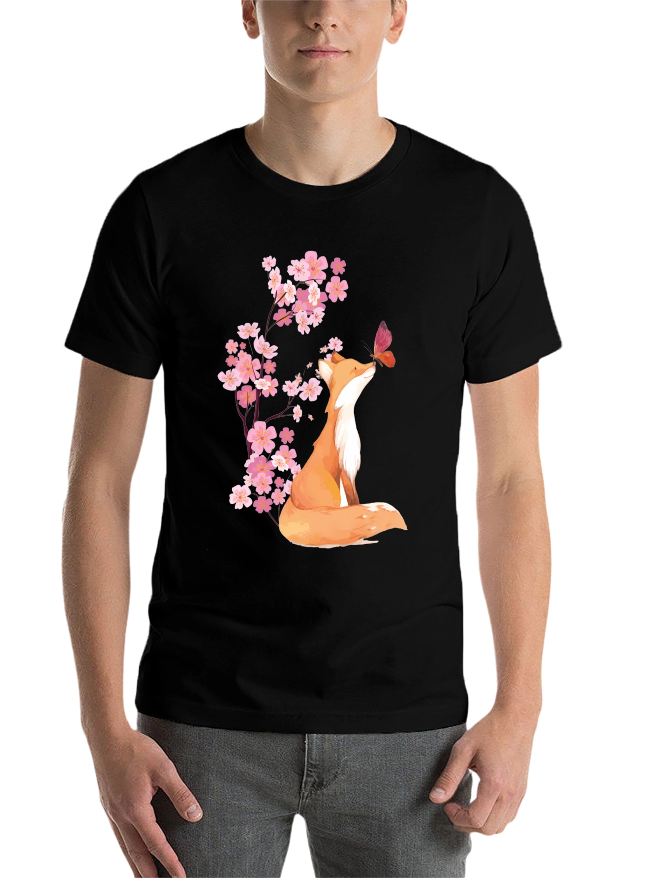 Black Fox & Cherry Blossom Graphic Tee - Soft Cotton Blend view 7