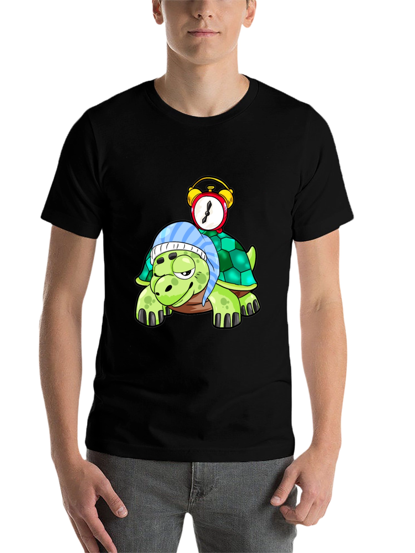 Black Cartoon Turtle with Alarm Clock T-Shirt view 7