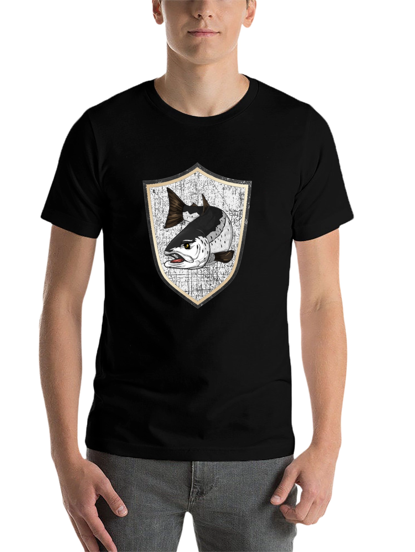 Men's Black T-Shirt with Fish Crest Graphic - 7