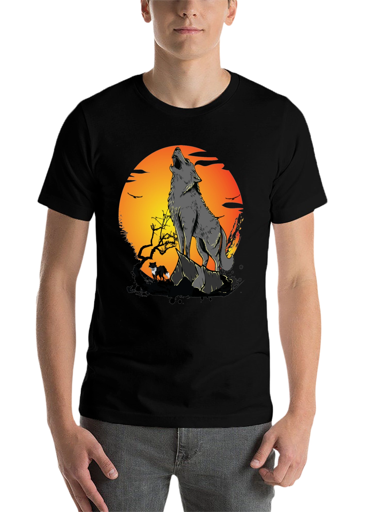 Black Wolf Howling at Moon Graphic Tee view 7