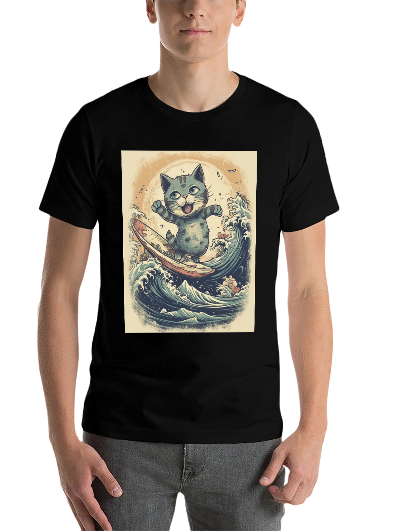 Black Cat Surfing Graphic Tee - Black Cotton Blend view 7