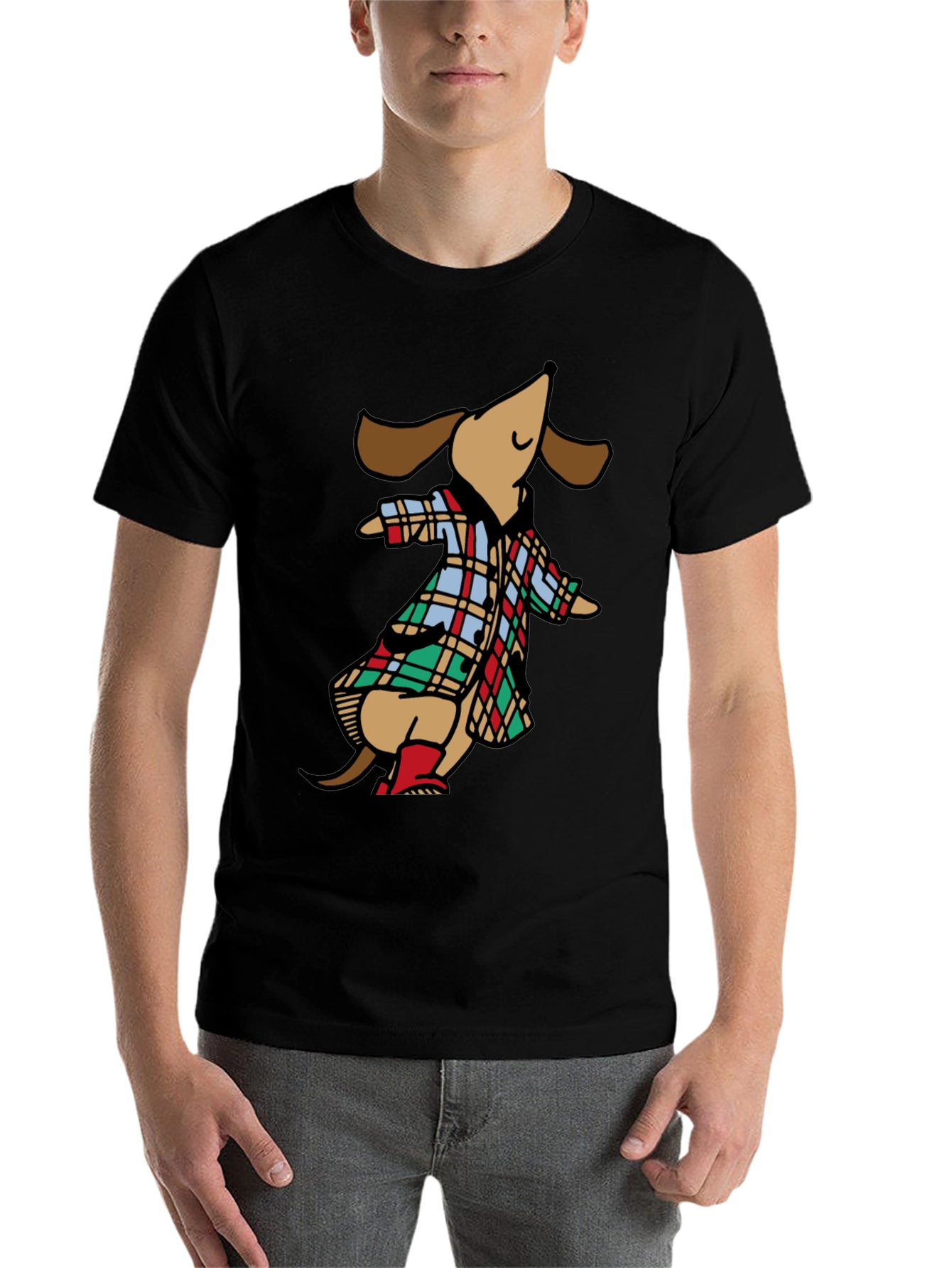 Black Dachshund in Plaid Raincoat T-Shirt view 7