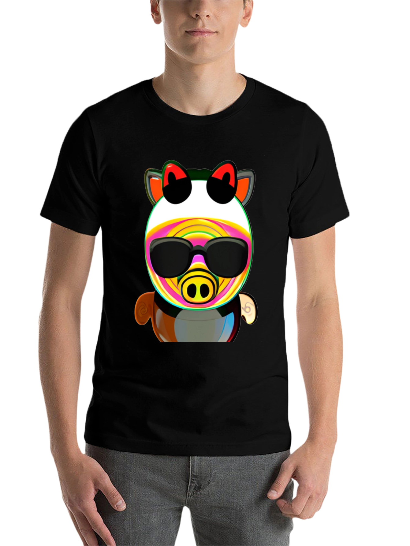 Black Cartoon Pig in Sunglasses Graphic Tee - Black view 7