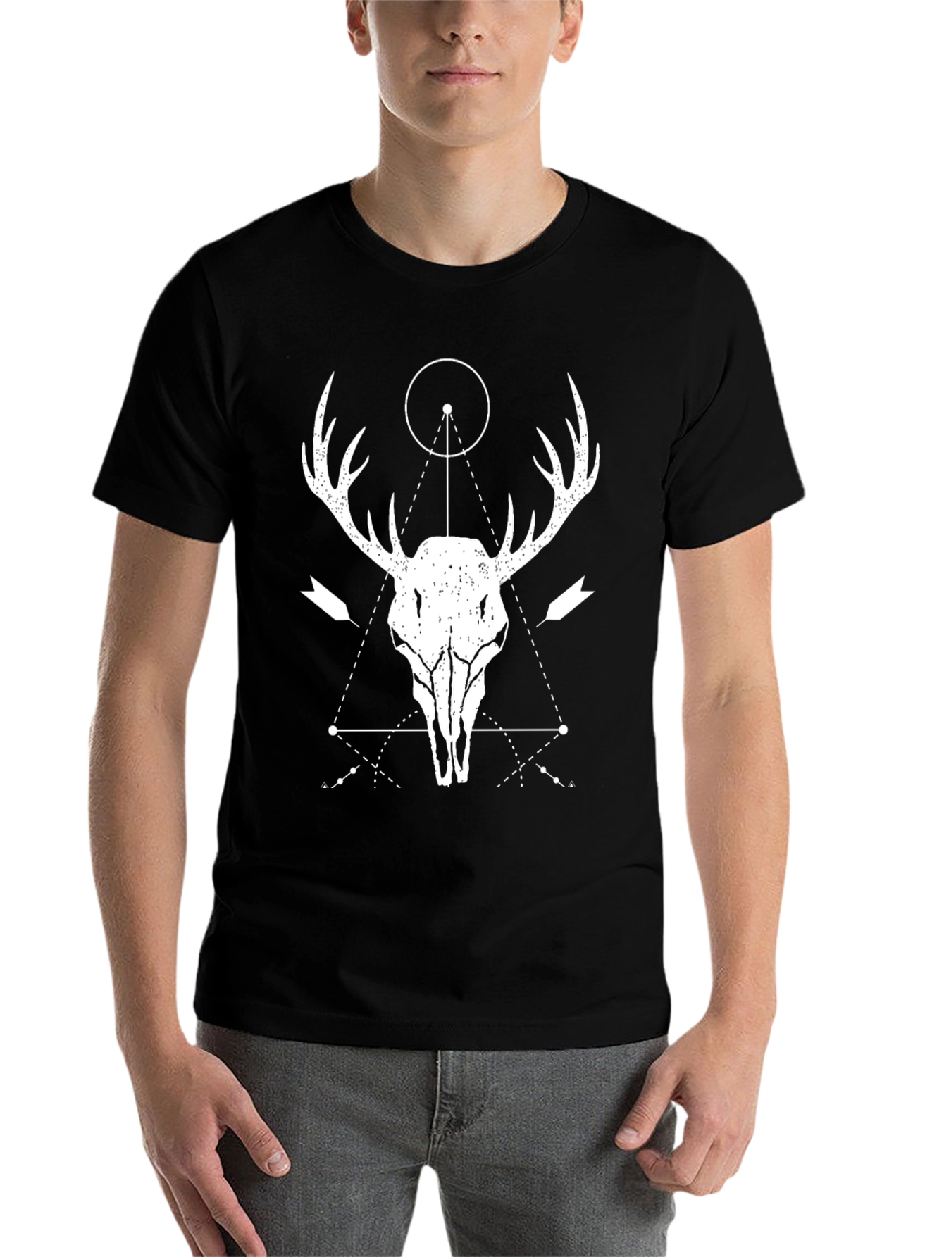 Black Geometric Deer Skull Graphic T-Shirt view 7