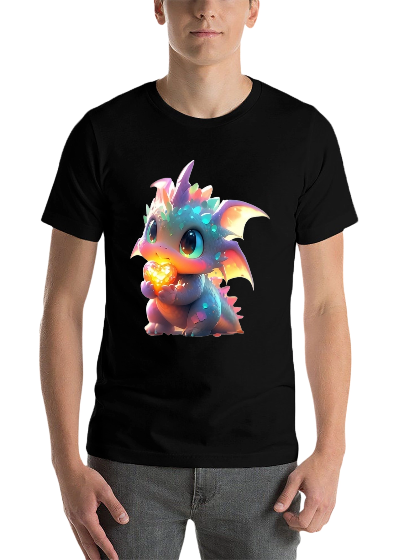 Black Cute Dragon Holding Heart Graphic T-Shirt view 7