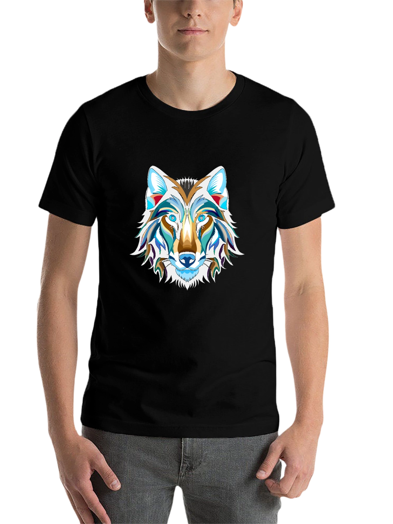 Black Men's Black Graphic Tee - Wolf Design view 7