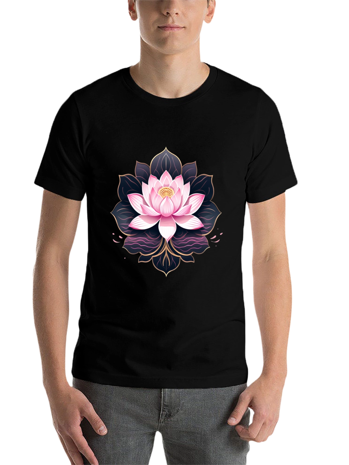 Black Lotus Flower Graphic Print Men's Black T-Shirt view 7