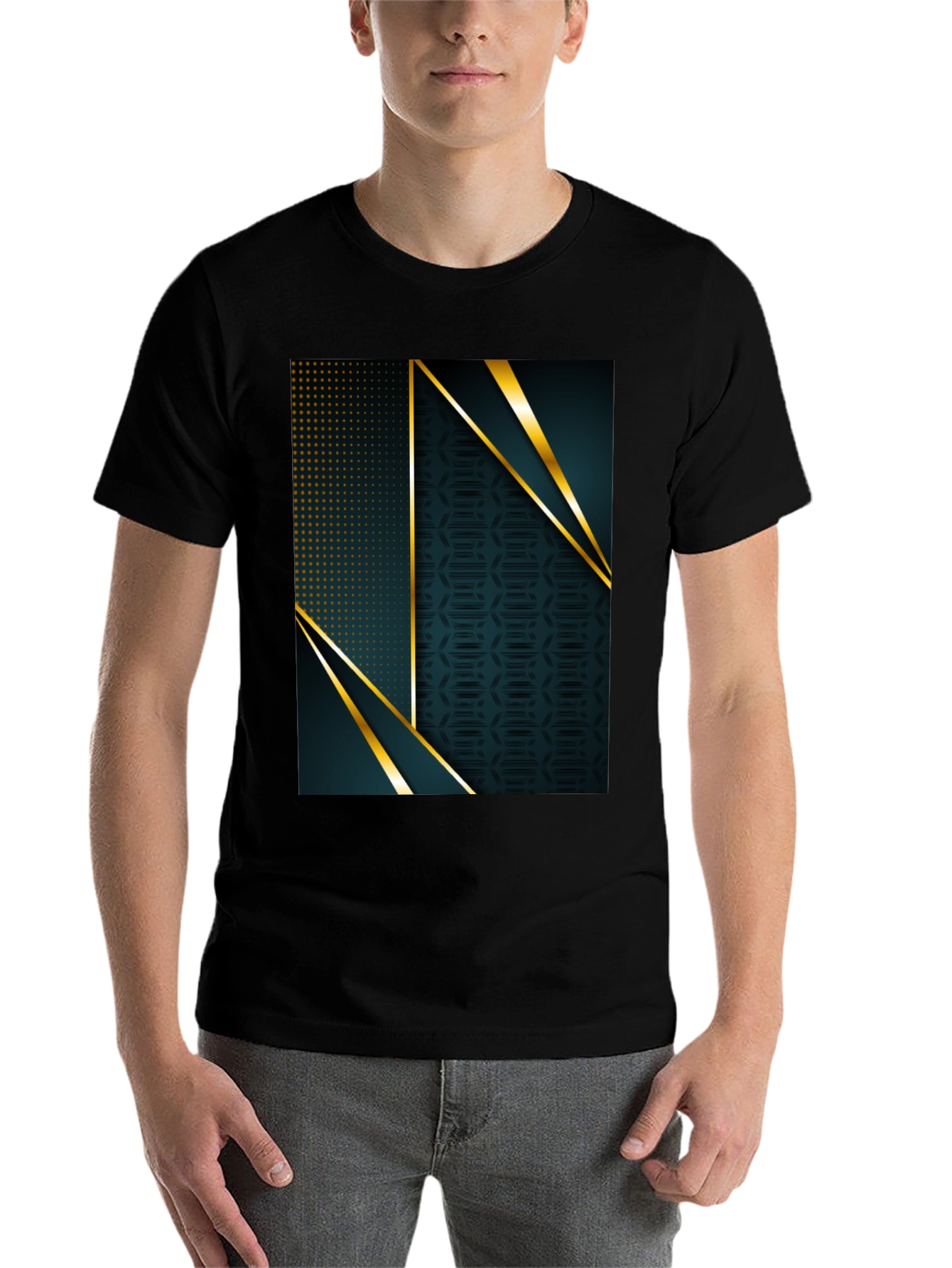 Black Stylish Geometric Gold Accent Black T-Shirt view 7