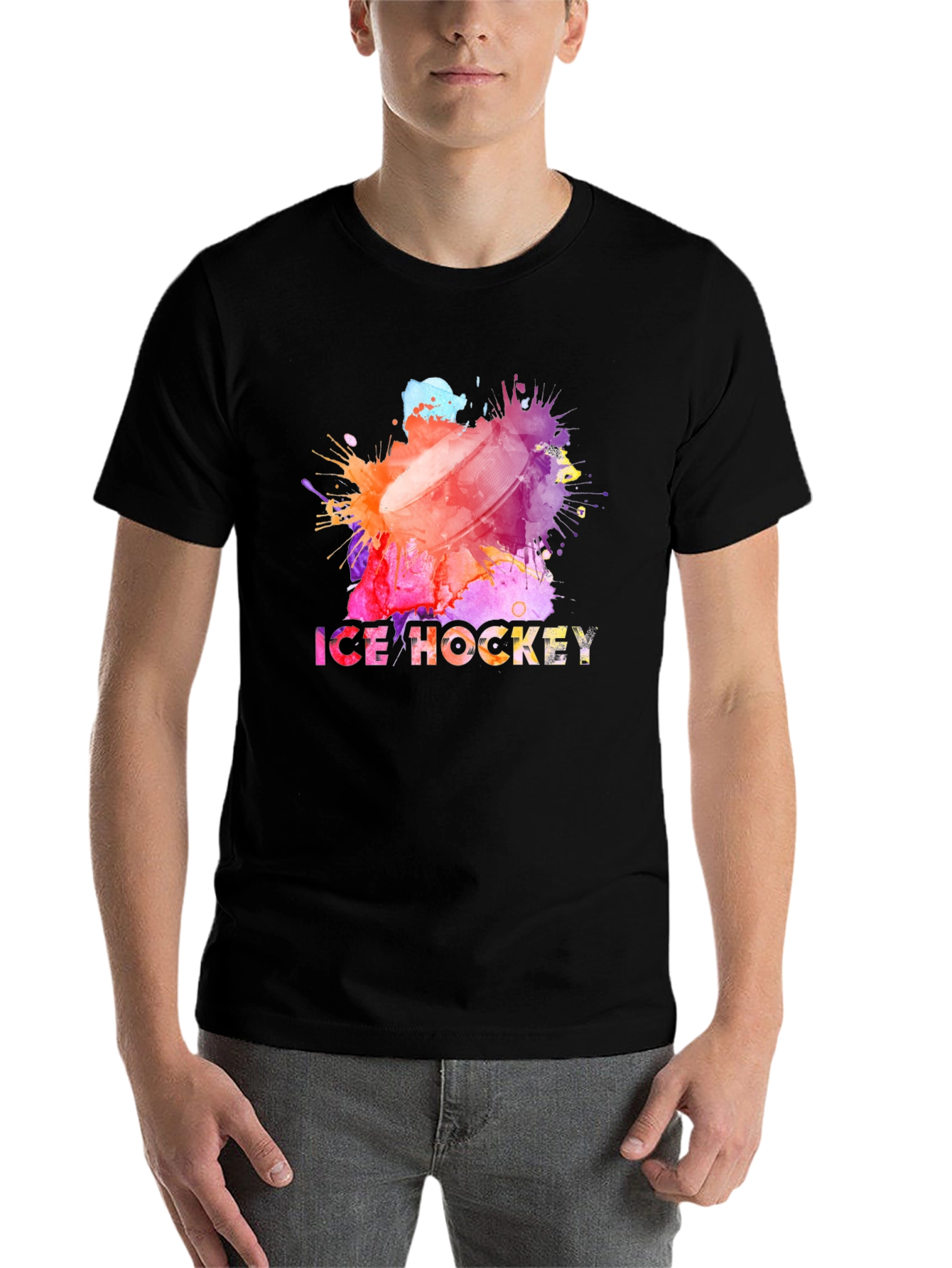 Black Watercolor Ice Hockey Graphic T-Shirt view 7
