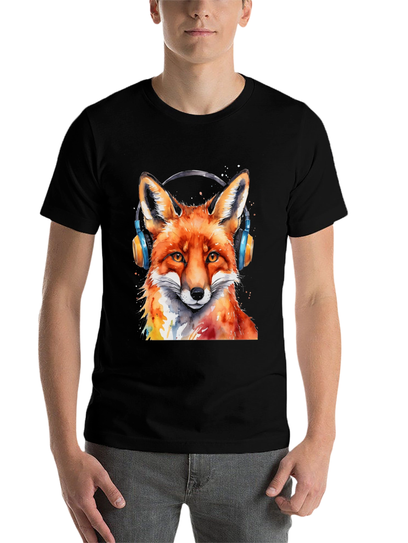 Black Cool Fox Headphones T-Shirt view 7