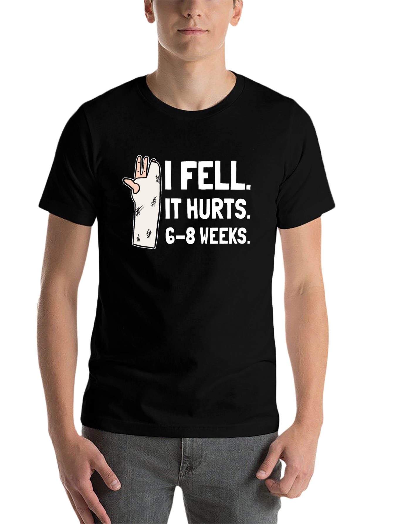 Black I Fell It Hurts Funny Broken Arm T-Shirt view 7