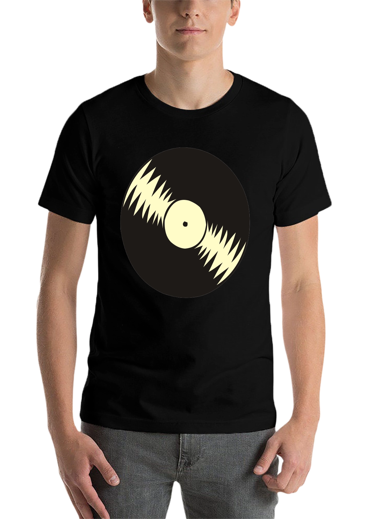 Black Retro Vinyl Record Graphic Tee - Black Cotton T-Shirt view 7